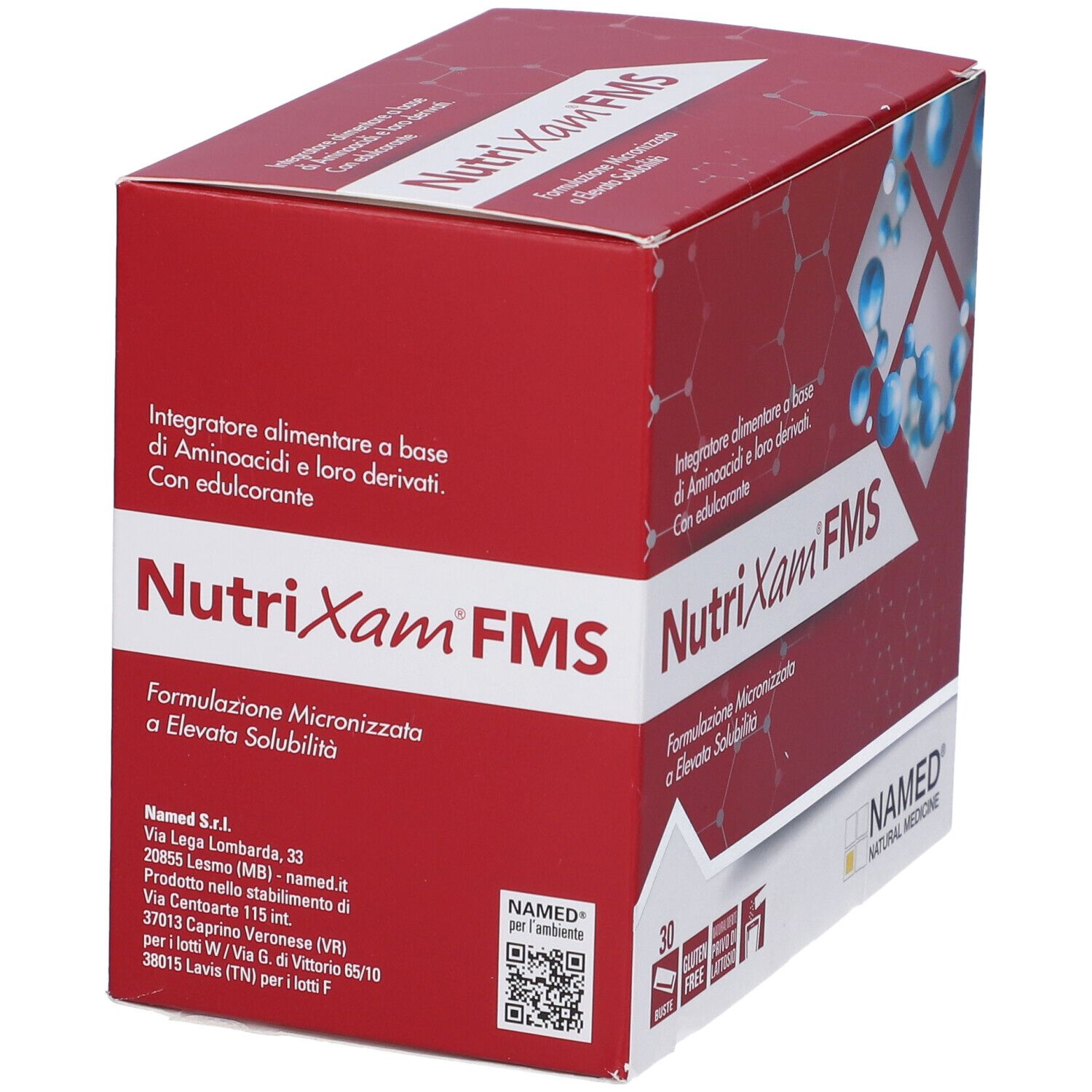 Scatola rossa "NutriXam FMS". Contiene 30 bustine. Senza glutine, senza lattosio. Logo NAMED e indirizzo.