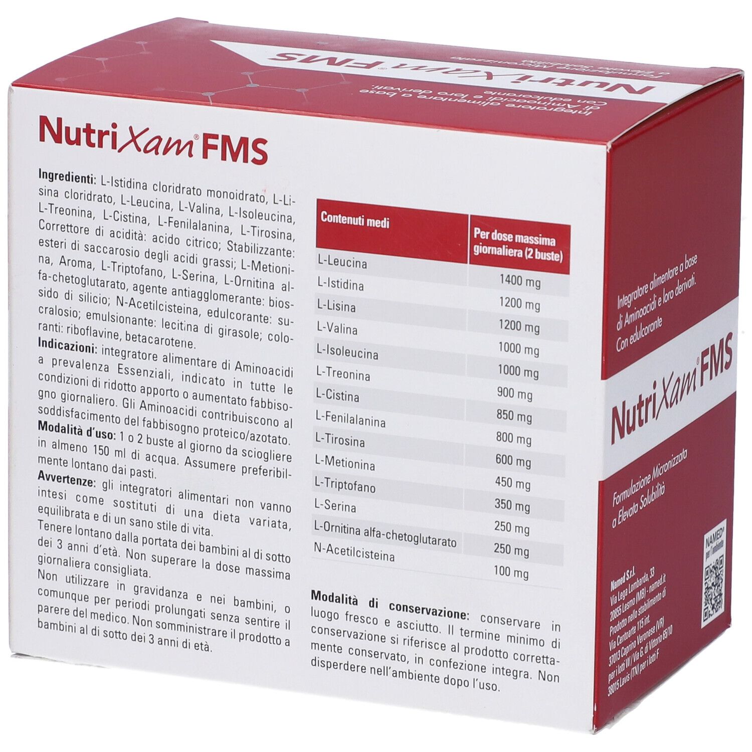 Scatola rossa "NutriXam FMS". Testo con ingredienti e informazioni nutrizionali. Marca: NAMED.
