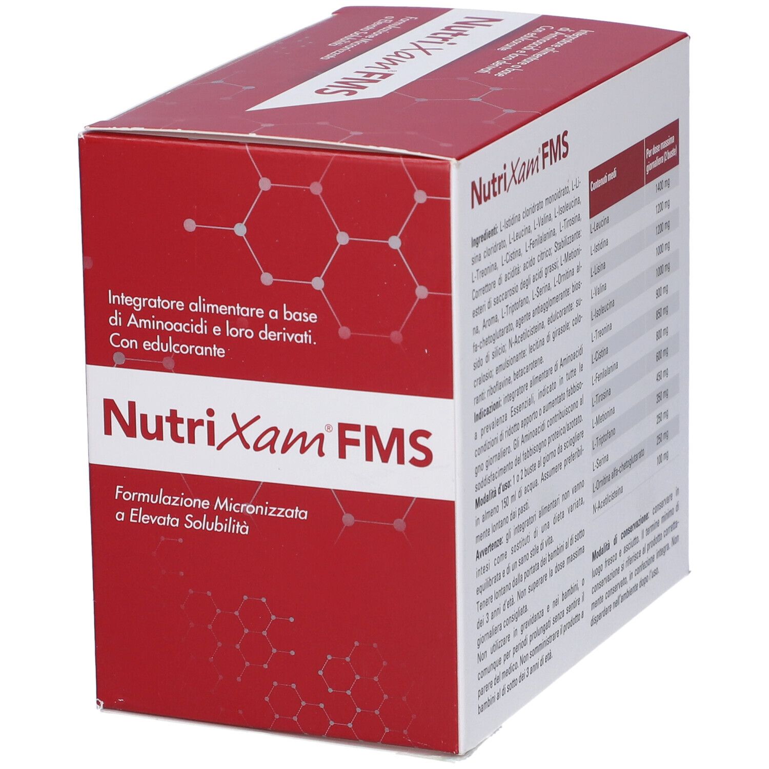Scatola rossa "NutriXam FMS". Testo con ingredienti e informazioni nutrizionali. Marca: NAMED.