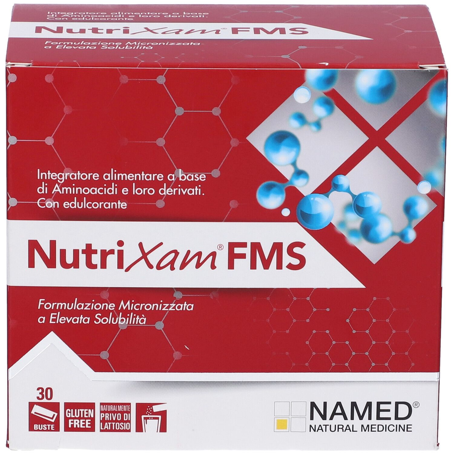 Scatola rossa "NutriXam FMS". Contiene 30 bustine. Senza glutine, senza lattosio. Marca: NAMED.