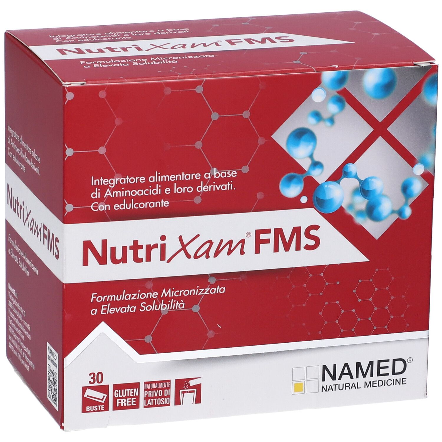 Scatola rossa "NutriXam FMS". Contiene 30 bustine. Senza glutine, senza lattosio. Marca: NAMED.