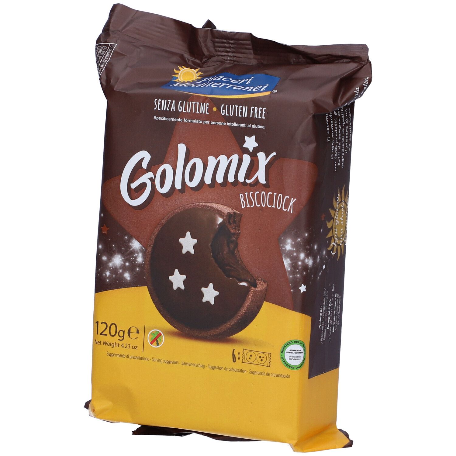 Confezione di Golomix Biscociock senza glutine. Biscotto a forma di stella con stelle. Peso: 120g.