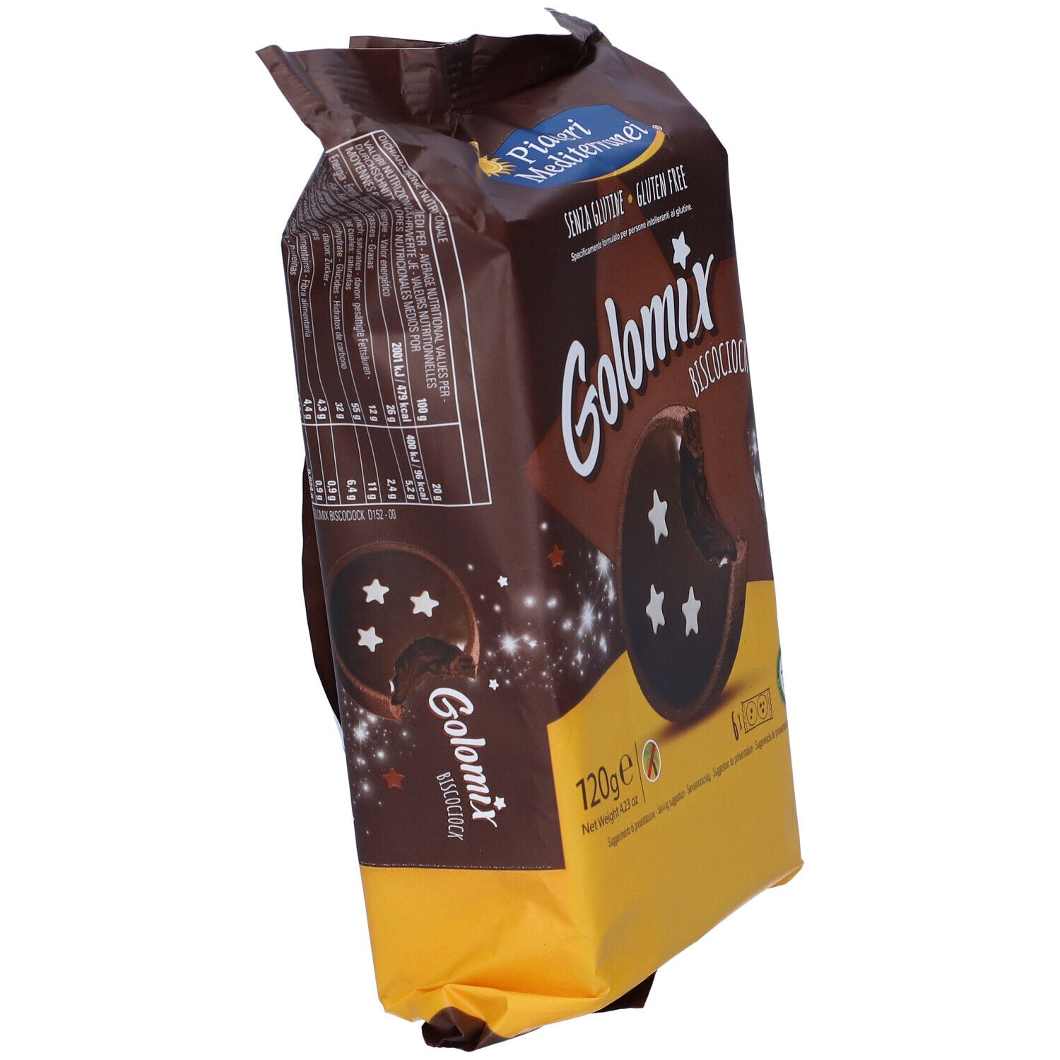 Confezione di Golomix Biscociock senza glutine. Biscotto a forma di stella con stelle. Peso: 120g.