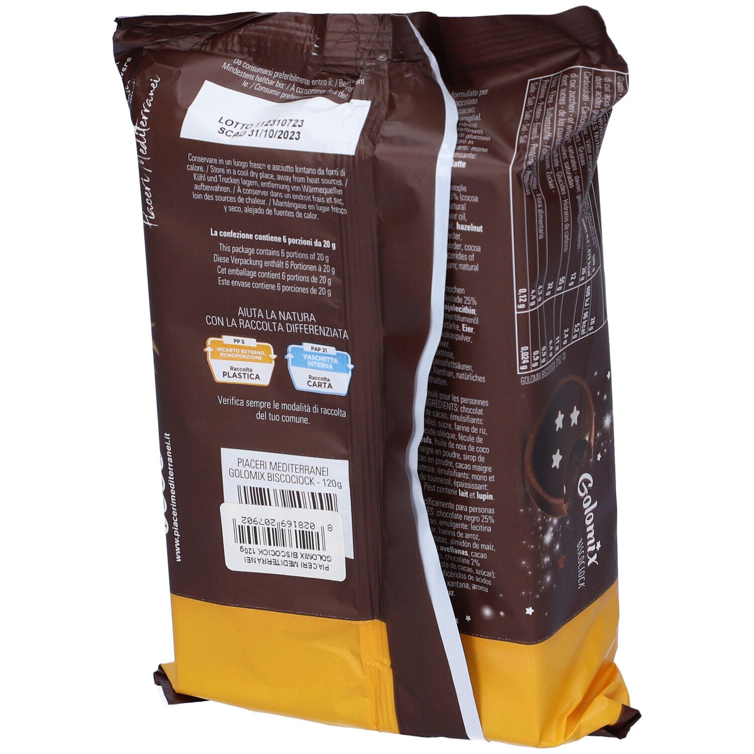 Retro della confezione Golomix Biscociock. Contiene informazioni nutrizionali, ingredienti e istruzioni per il riciclo.