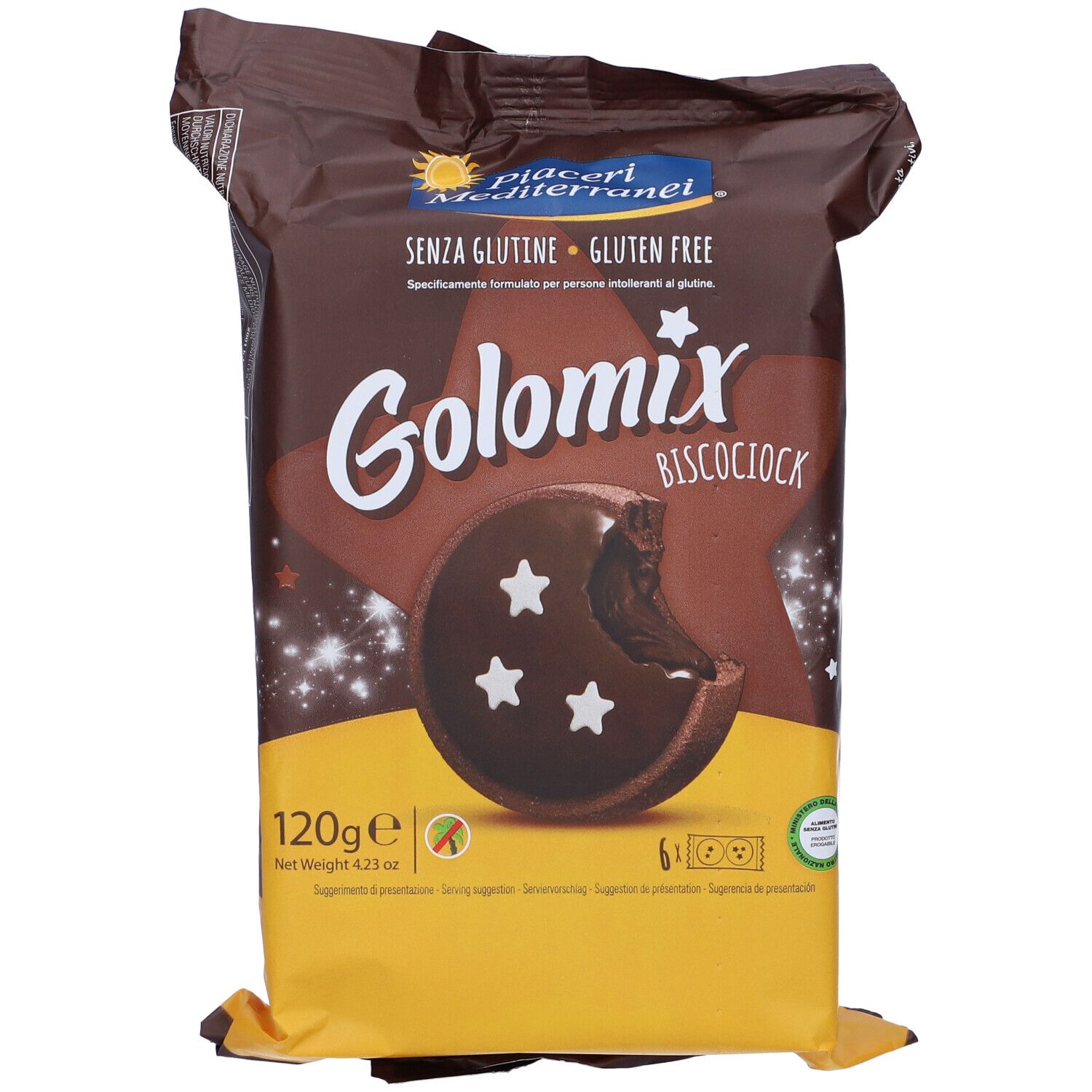 Confezione di Golomix Biscociock senza glutine. Biscotto a forma di stella con stelle. Peso: 120g.