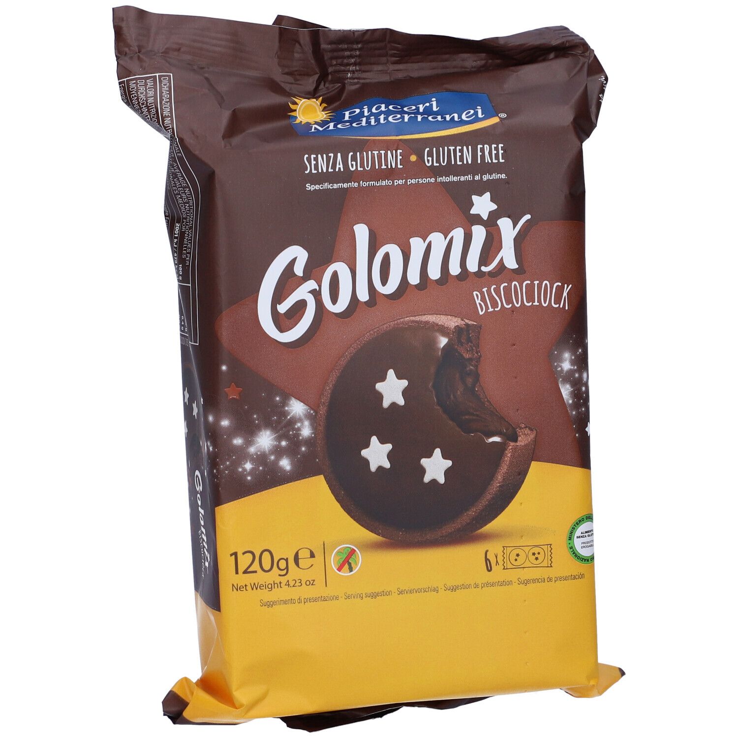 Confezione di Golomix Biscociock senza glutine. Biscotto a forma di stella con stelle. Peso: 120g.