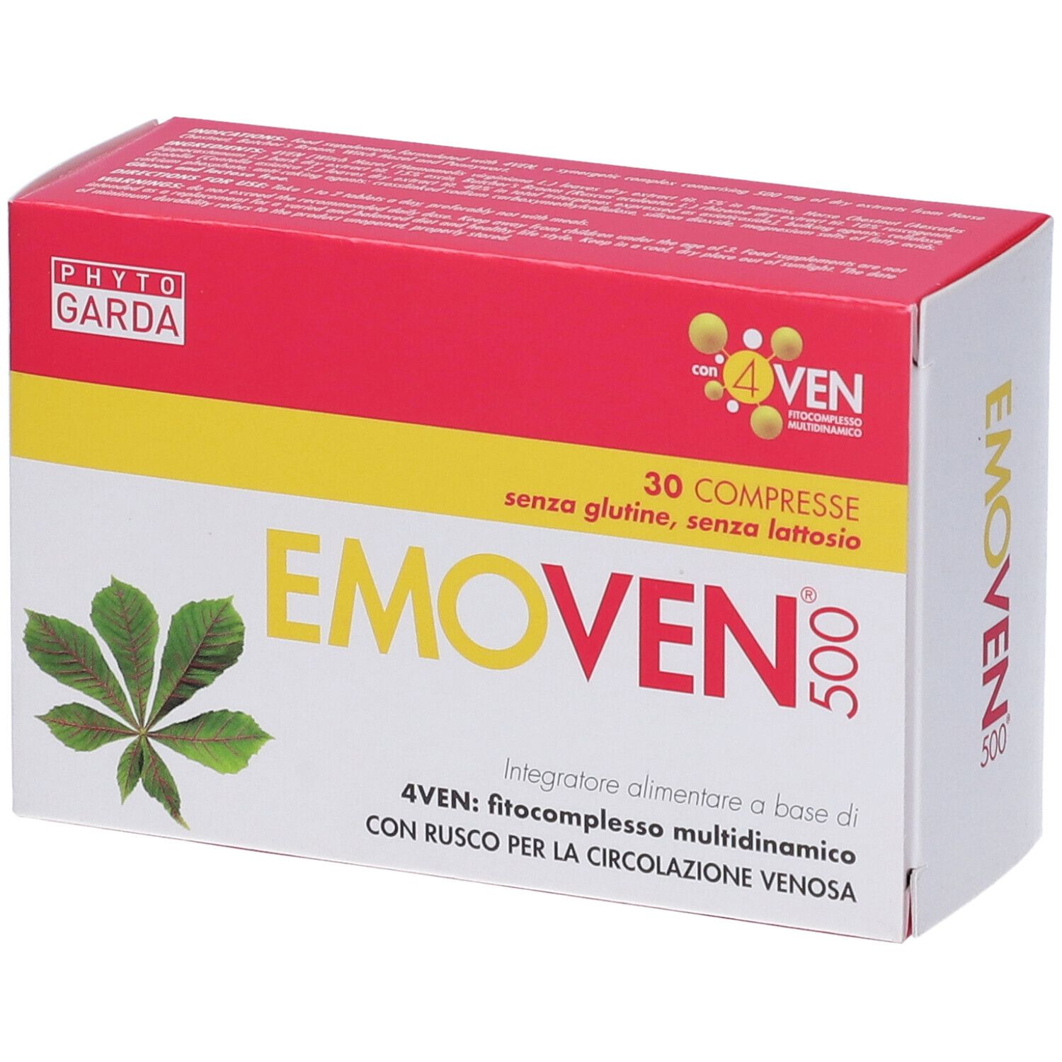 Schachtel mit "EMOVEN 500" und 30 Tabletten. Rote, gelbe und weiße Farben. Mit Logo "PHYTO GARDA".