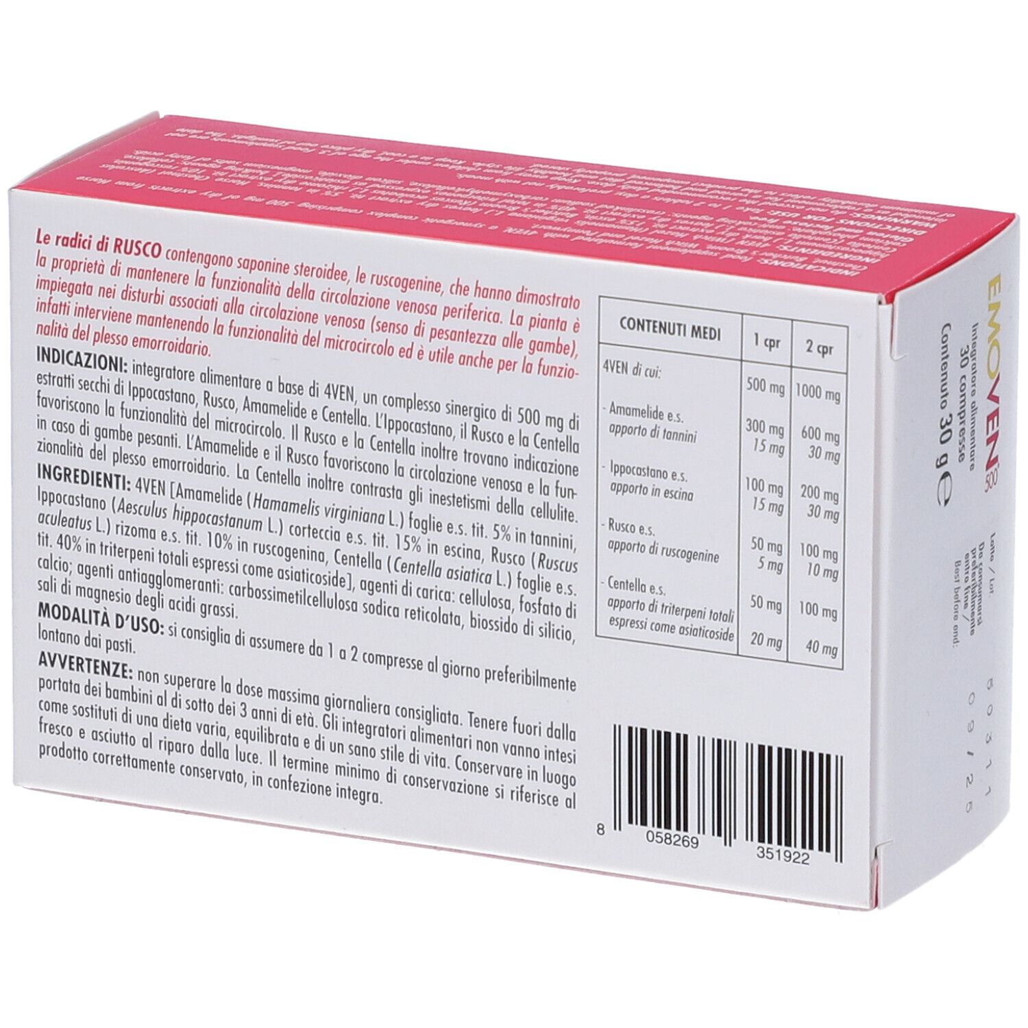 Rückseite der "EMOVEN 500"-Schachtel. Textinformationen in italienischer Sprache. Inhaltsstoffe und Dosierung.