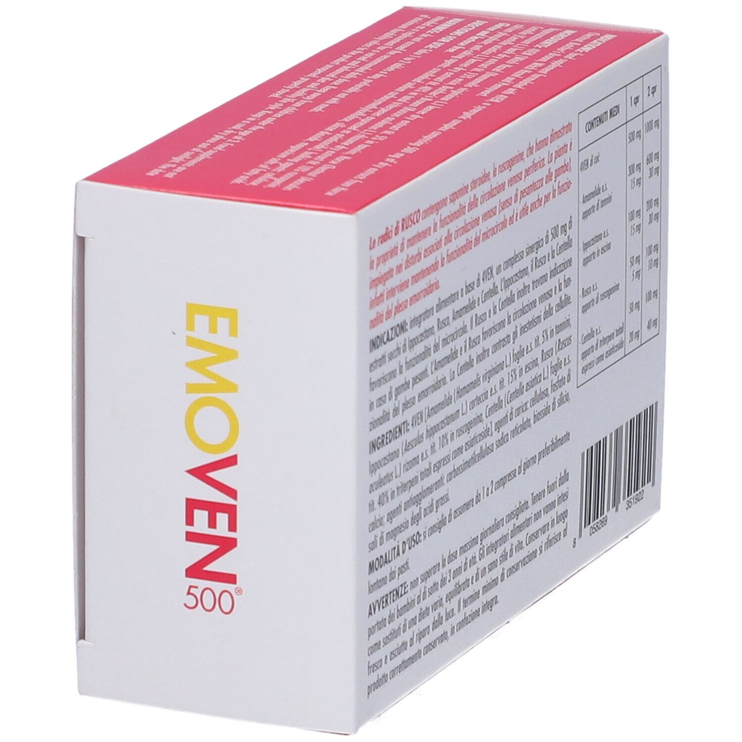 Seitenansicht der "EMOVEN 500"-Schachtel. Textinformationen in italienischer Sprache. Barcode.