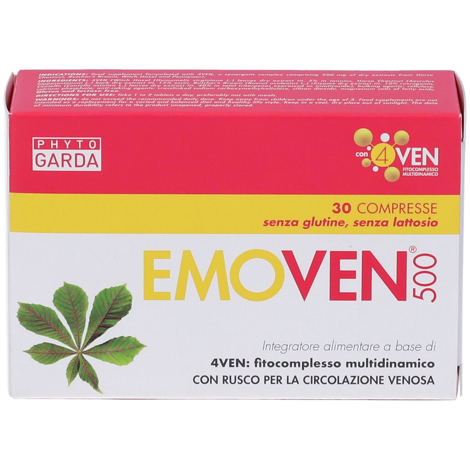 Schachtel "EMOVEN 500" mit 30 Tabletten. Rote, gelbe und weiße Farben. Logo "PHYTO GARDA" sichtbar.