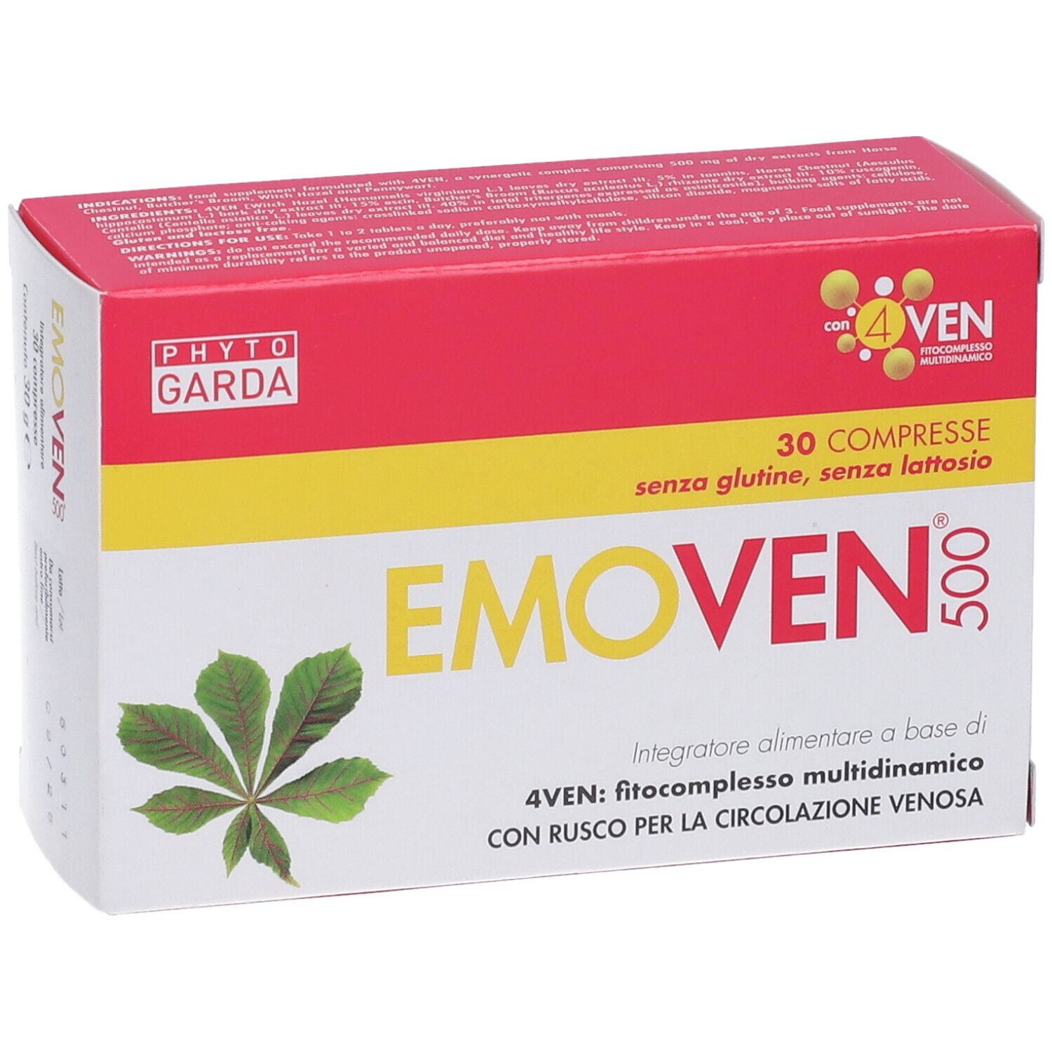 Schachtel "EMOVEN 500" mit 30 Tabletten. Rote, gelbe und weiße Farben. Logo "PHYTO GARDA" sichtbar.