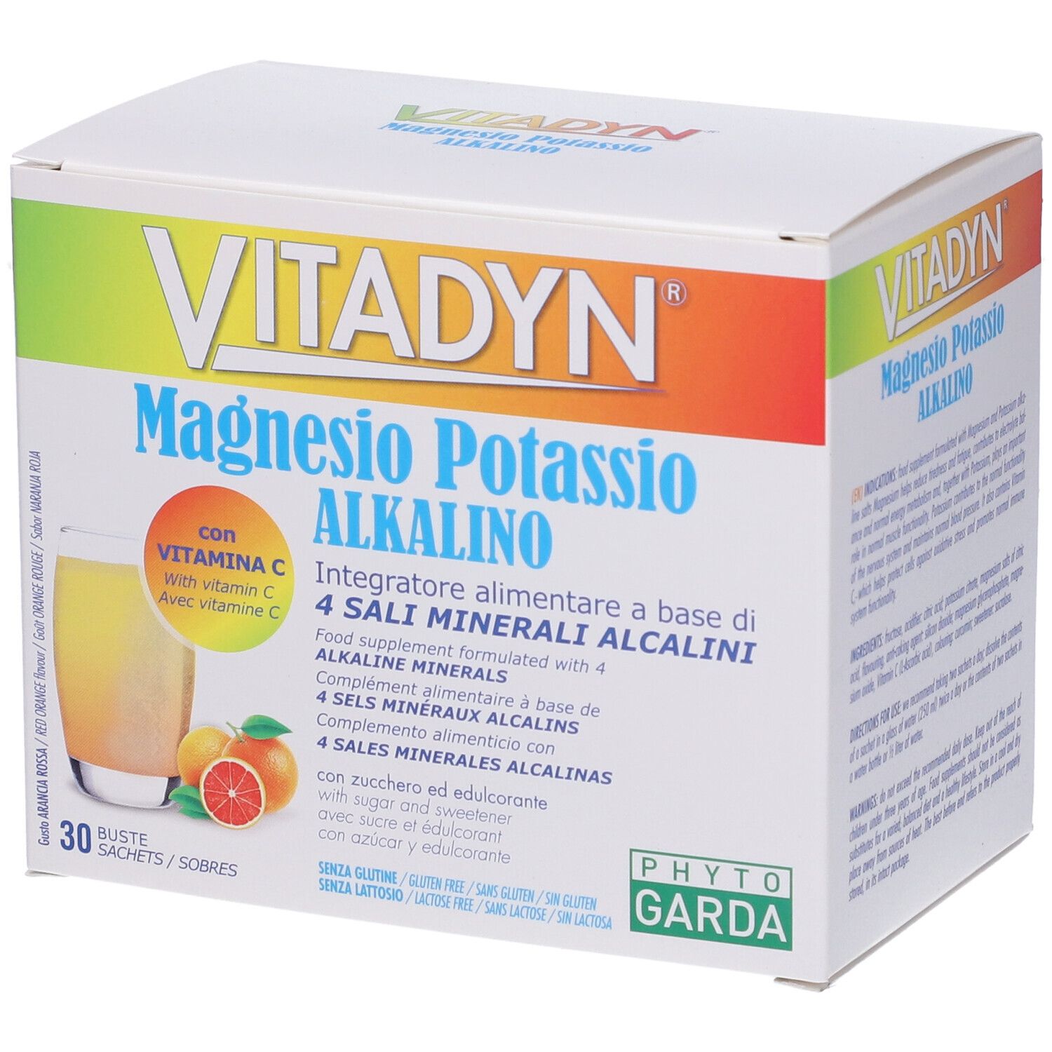 Scatola bianca VITADYN® con scritta Magnesio Potassio Alkalino. Immagine bevanda e frutta. 30 bustine.