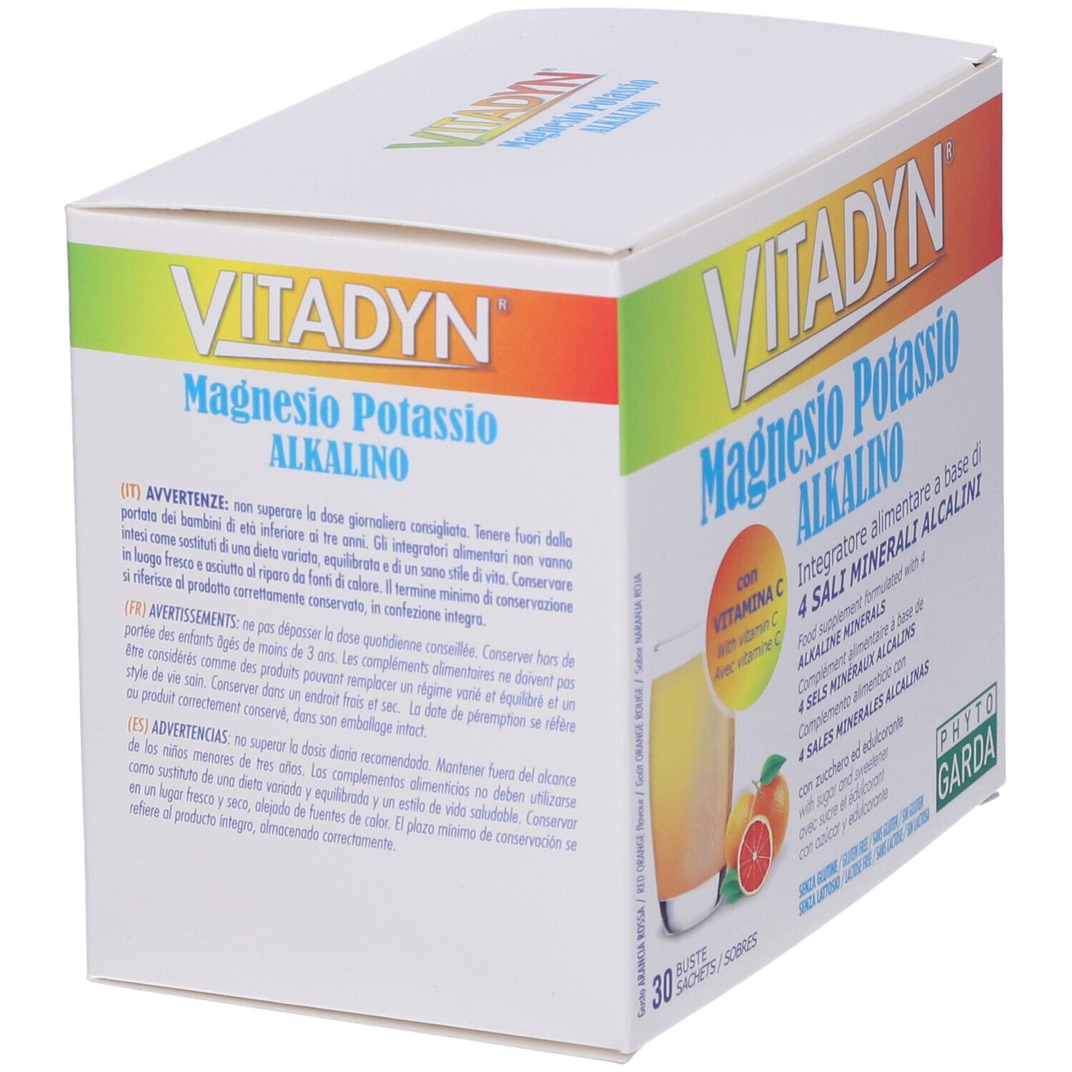 Scatola bianca VITADYN® con scritta Magnesio Potassio Alkalino. Testo in italiano. 30 bustine.