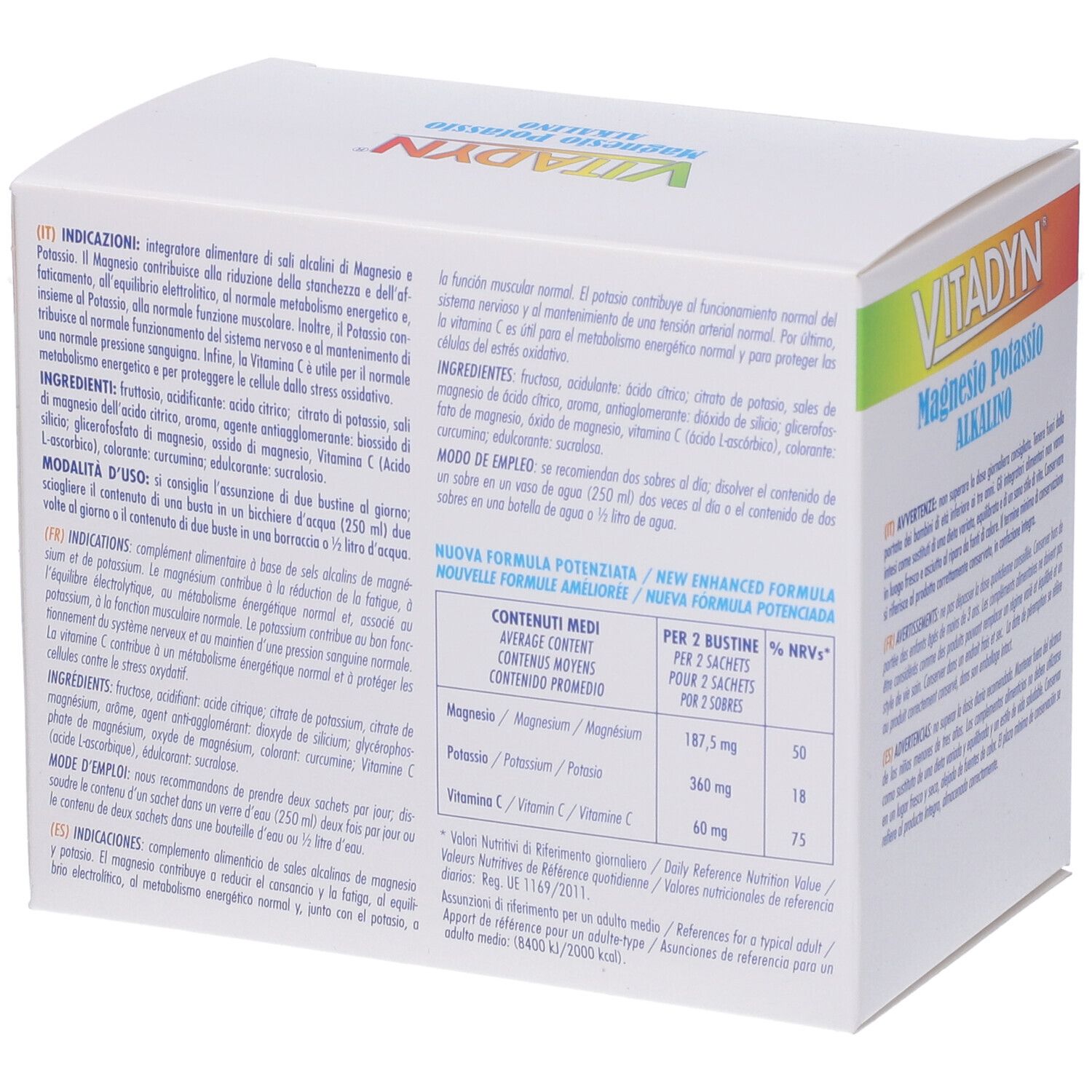 Scatola bianca VITADYN® con scritta Magnesio Potassio Alkalino. Testo in italiano. Informazioni nutrizionali.