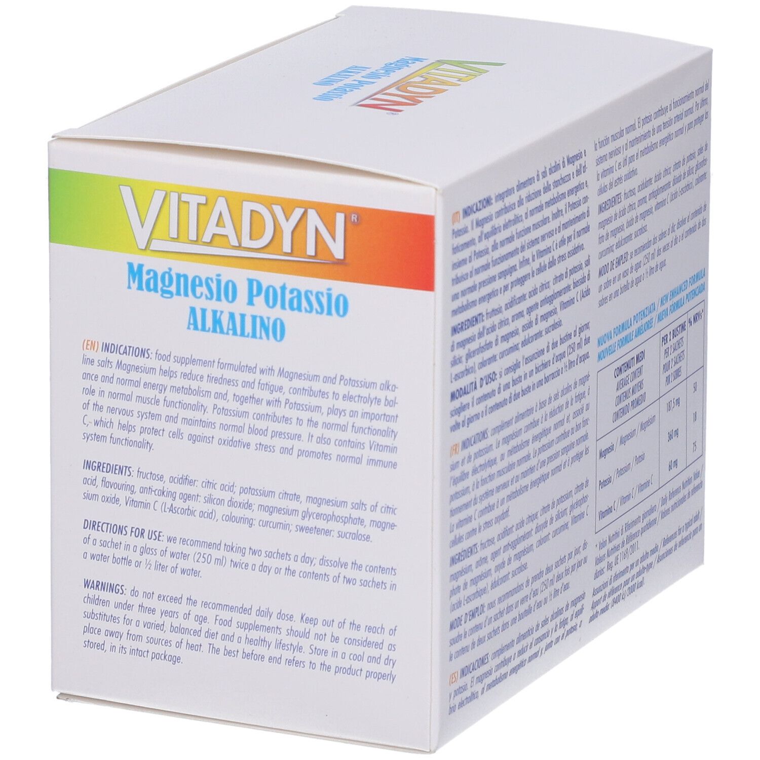 Scatola bianca VITADYN® con scritta Magnesio Potassio Alkalino. Testo in italiano. Elenco ingredienti.
