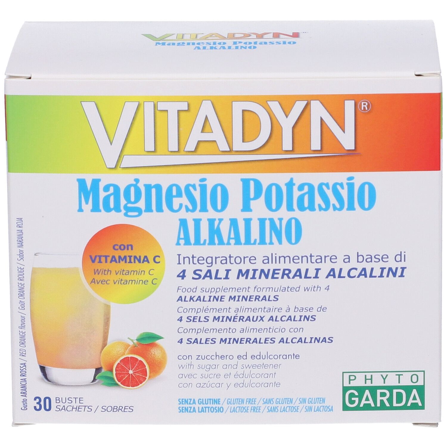 Scatola bianca VITADYN® con scritta Magnesio Potassio Alkalino. Immagine bevanda e frutta. 30 bustine.