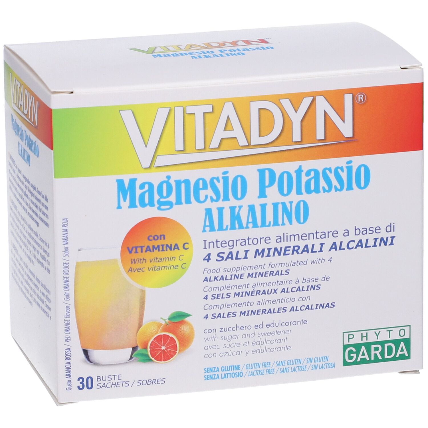 Scatola bianca VITADYN® con scritta Magnesio Potassio Alkalino. Immagine bevanda e frutta. 30 bustine.