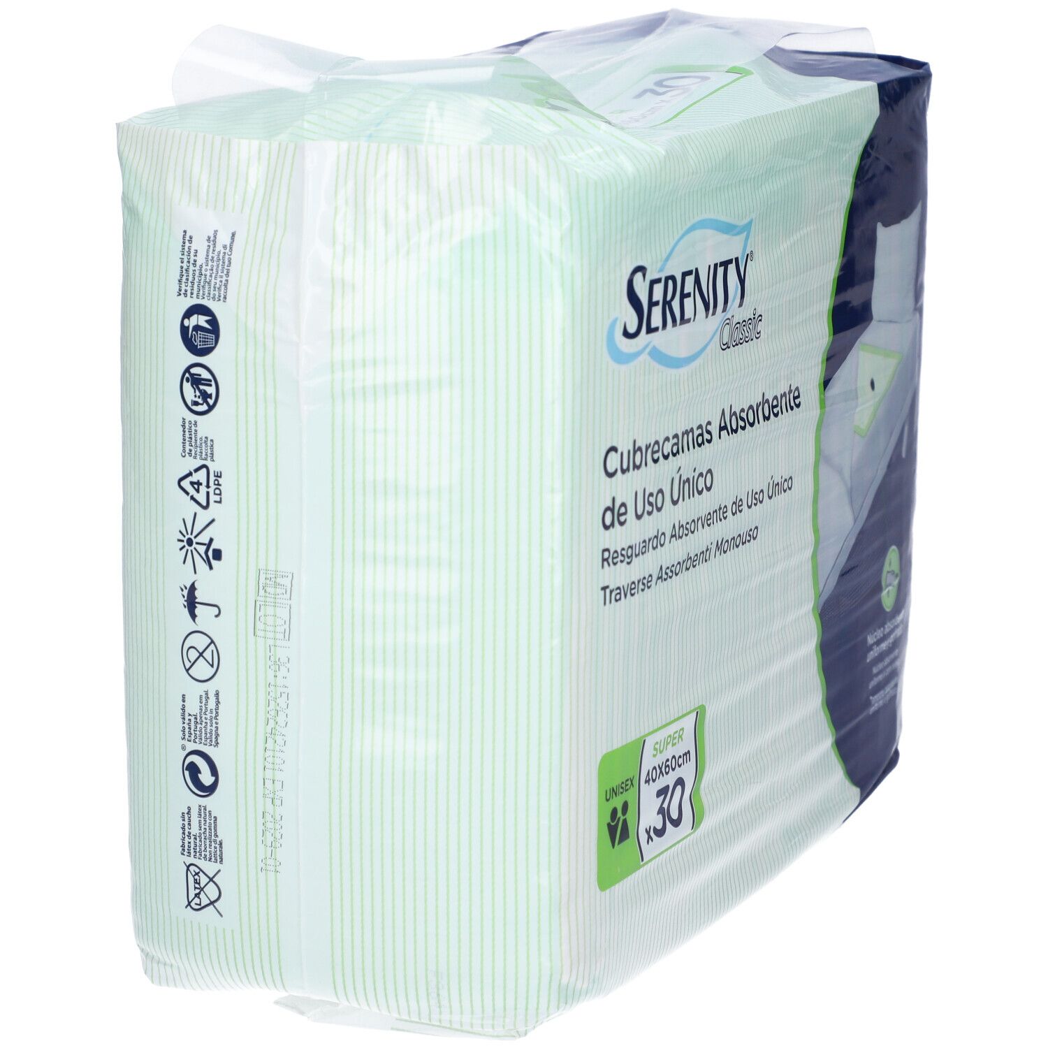 Verpackung mit Serenity Classic Bettschutzauflagen. Grün-weiß gestreift. Größe 40x60cm, 30 Stück. Unisex. Aufdrucke.