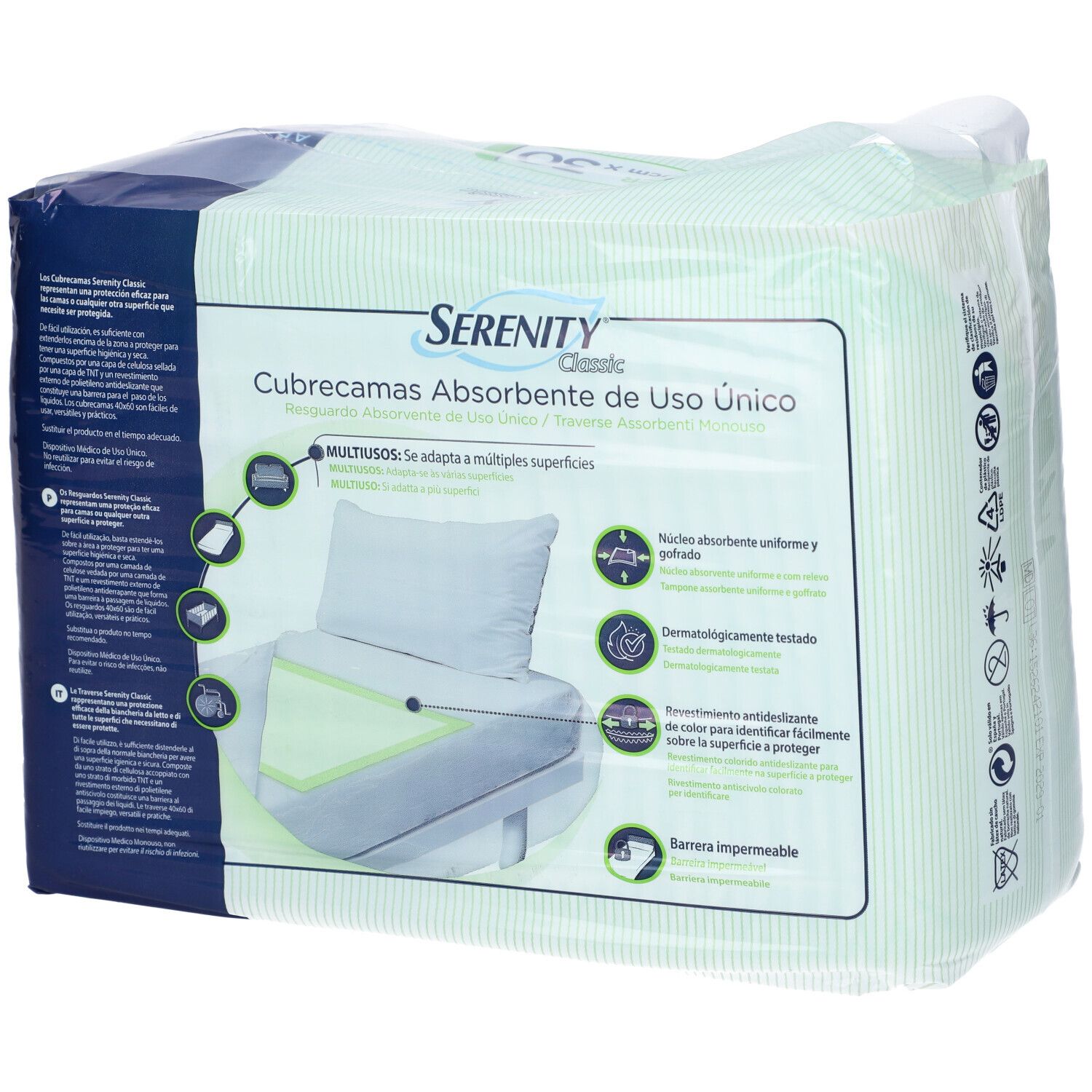 Verpackung mit Serenity Classic Bettschutzauflagen. Produktabbildung. Größe 40x60cm, 30 Stück. Unisex. Aufdrucke: absorbierend, dermatologisch getestet.