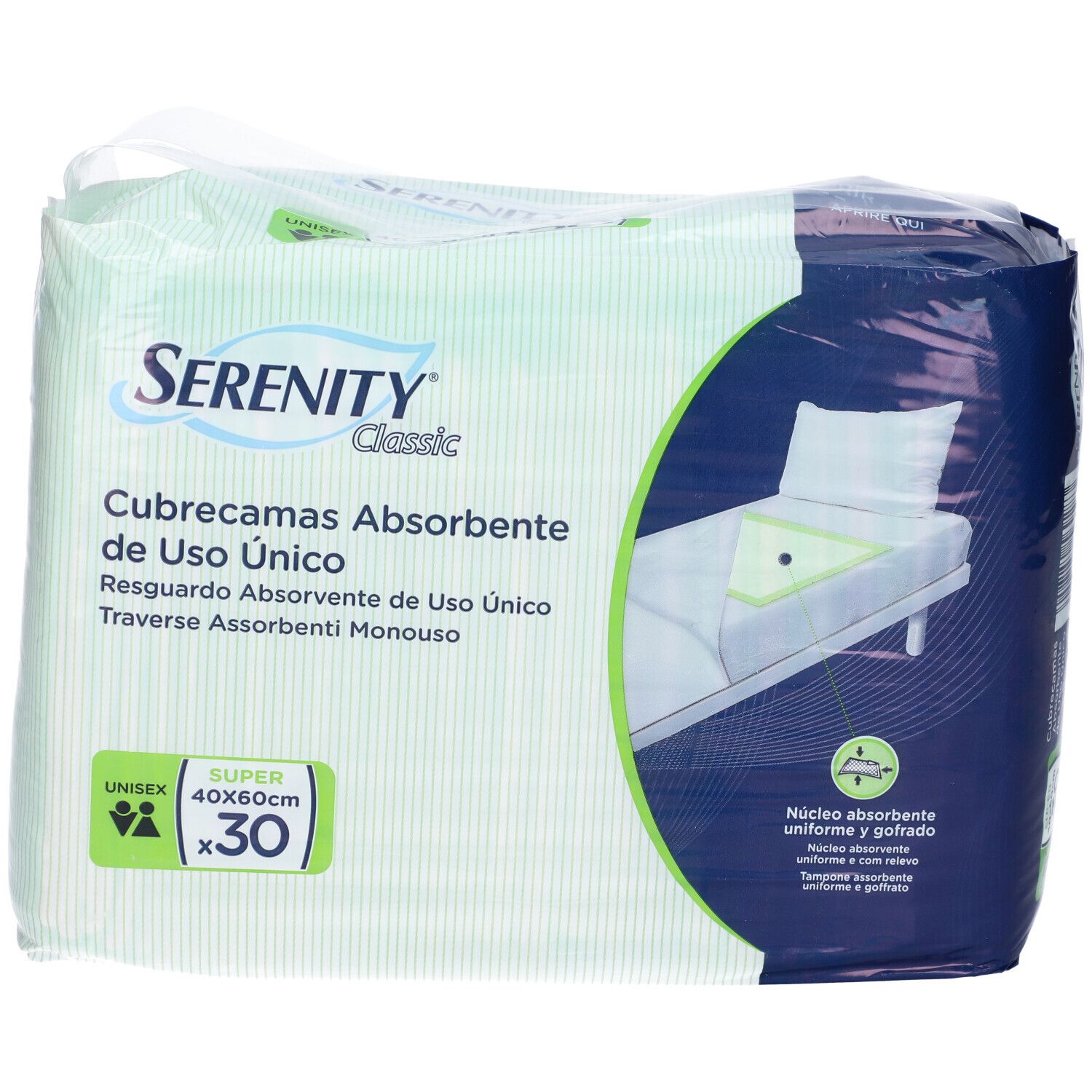 Verpackung mit Serenity Classic Bettschutzauflagen. Größe 40x60cm, 30 Stück. Unisex. Aufdrucke: absorbierend, Einweg.