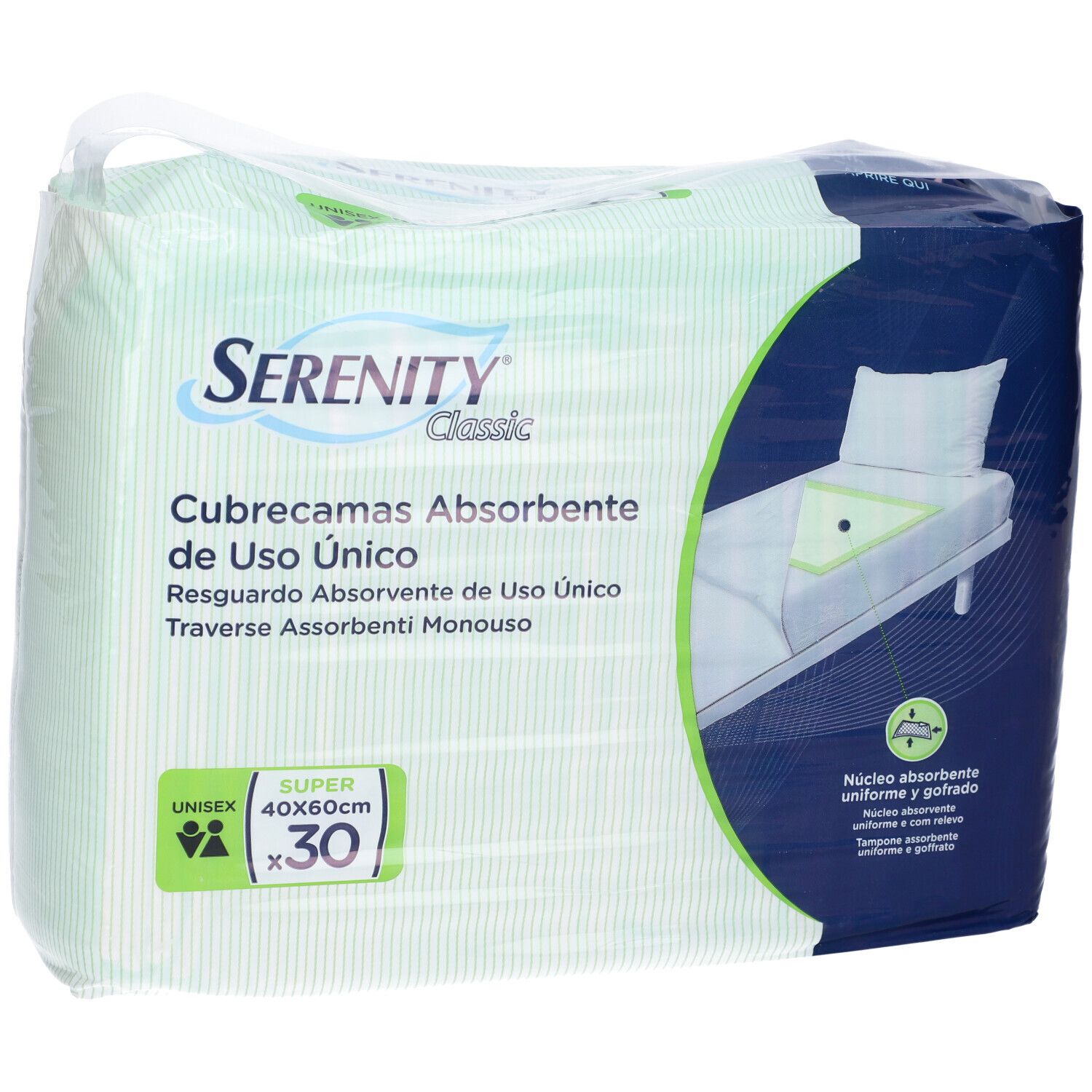 Verpackung mit Serenity Classic Bettschutzauflagen. Größe 40x60cm, 30 Stück. Unisex. Aufdrucke: absorbierend, Einweg.