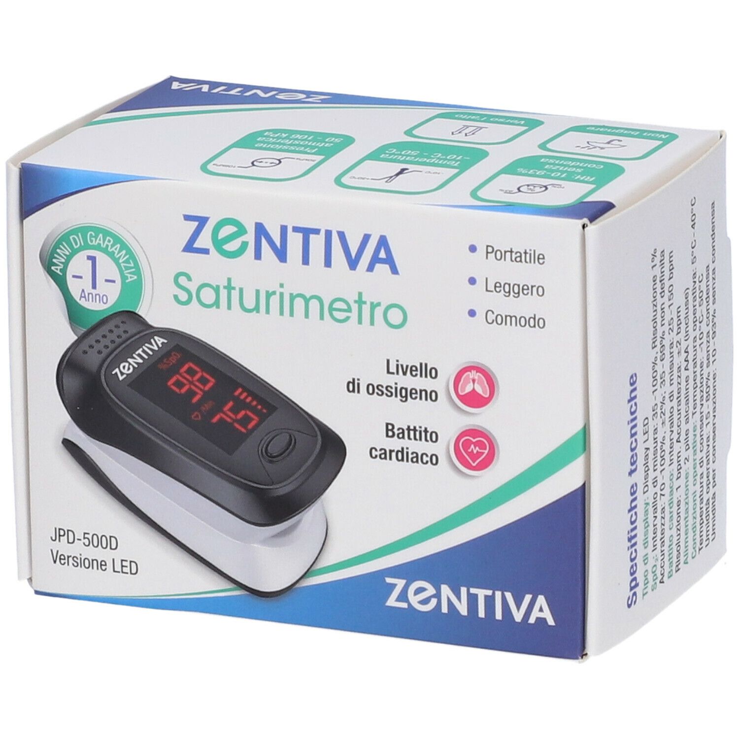 Saturimetro nella confezione. Dispositivo nero con display rosso. Testo: ZENTIVA Saturimetro, garanzia.