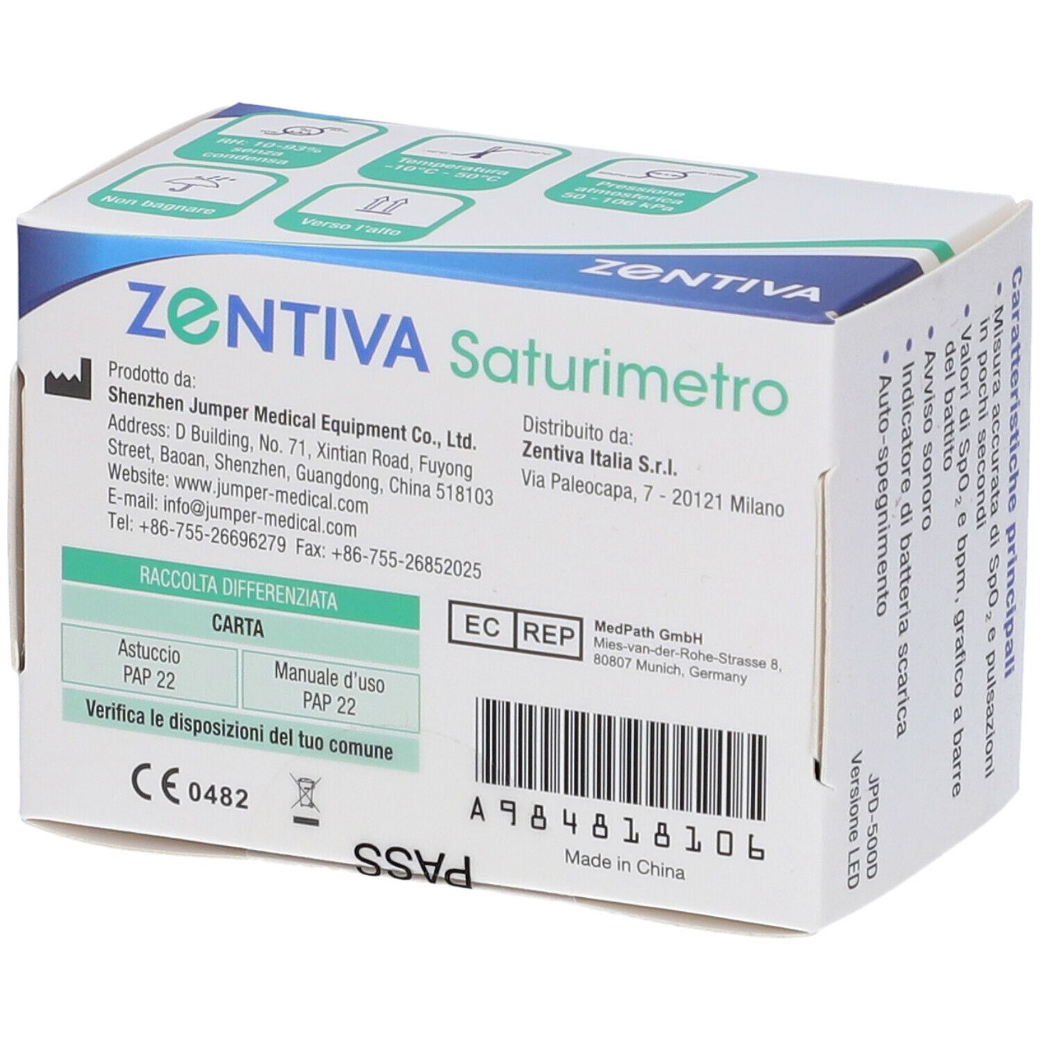 Confezione del saturimetro. Testo: ZENTIVA Saturimetro, dati tecnici, indirizzo produttore, marchio CE.
