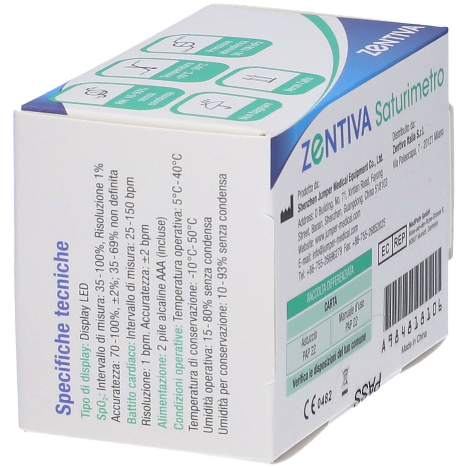 Confezione del saturimetro. Testo: ZENTIVA Saturimetro, dati tecnici, indirizzo produttore, marchio CE.