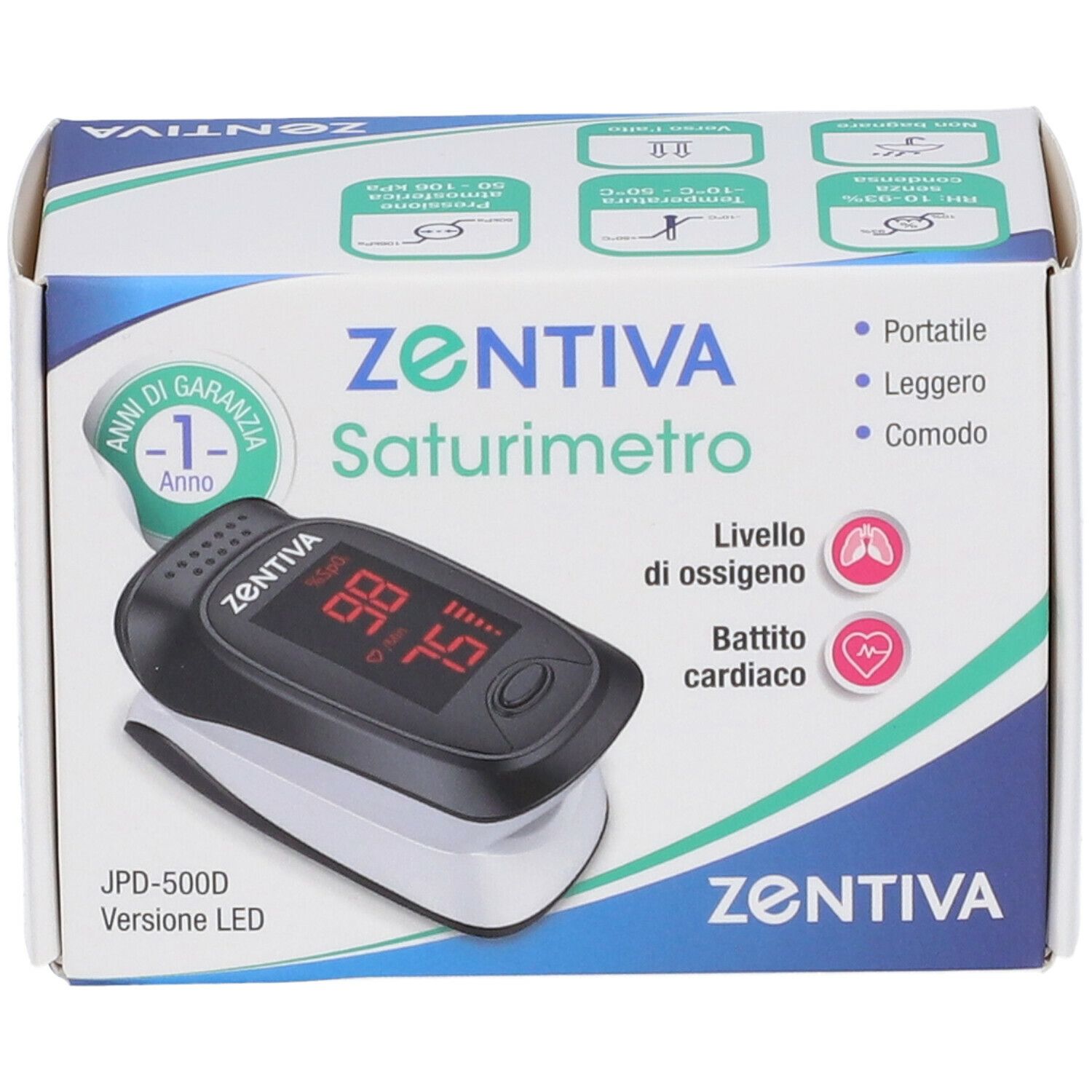 Saturimetro nella confezione. Dispositivo nero con display rosso. Testo: ZENTIVA Saturimetro, garanzia.