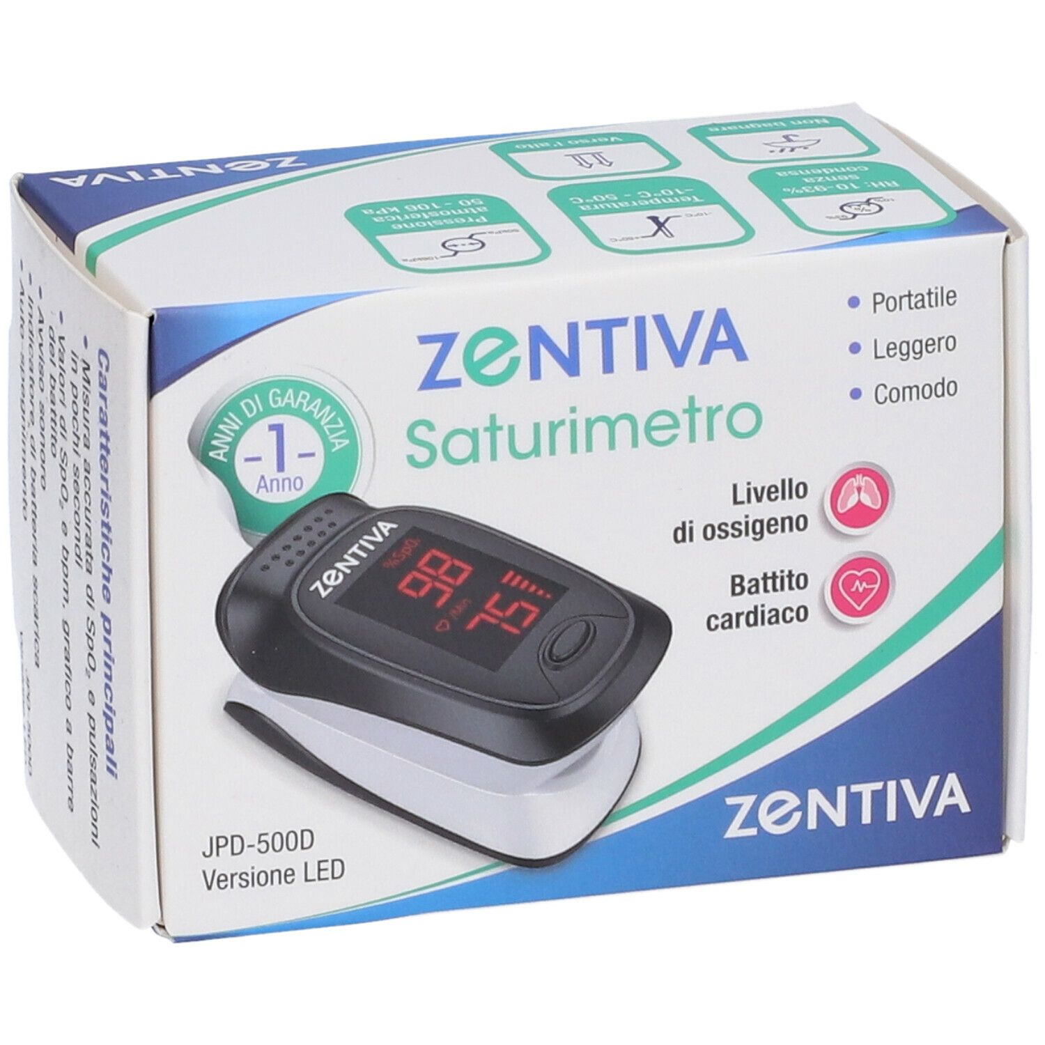 Saturimetro nella confezione. Dispositivo nero con display rosso. Testo: ZENTIVA Saturimetro, garanzia.