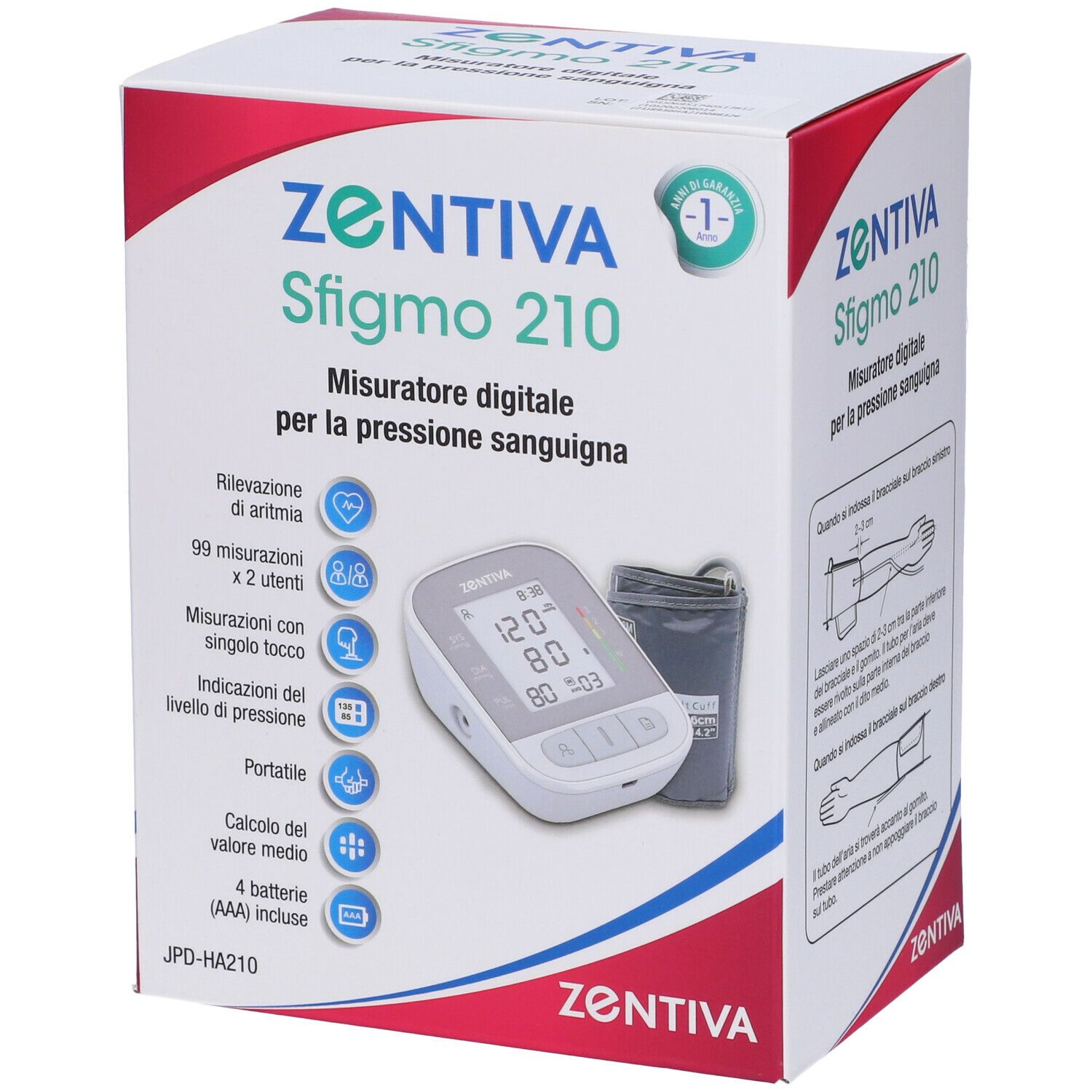 ZENTIVA Sfigmo 210. Misuratore digitale pressione sanguigna. Confezione con immagine e informazioni.