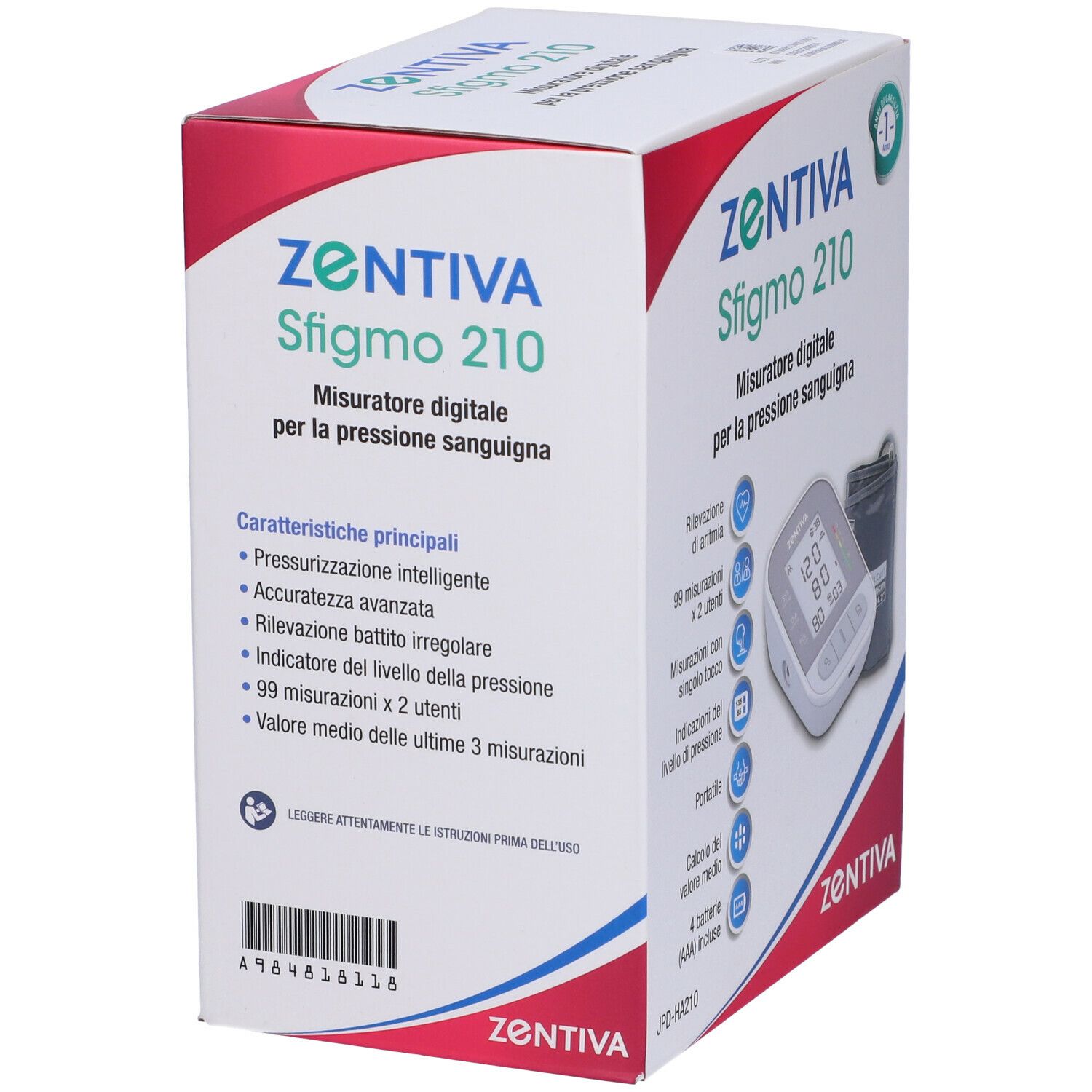 ZENTIVA Sfigmo 210. Confezione con informazioni sul prodotto. Caratteristiche principali: misurazione intelligente, rilevamento aritmia.