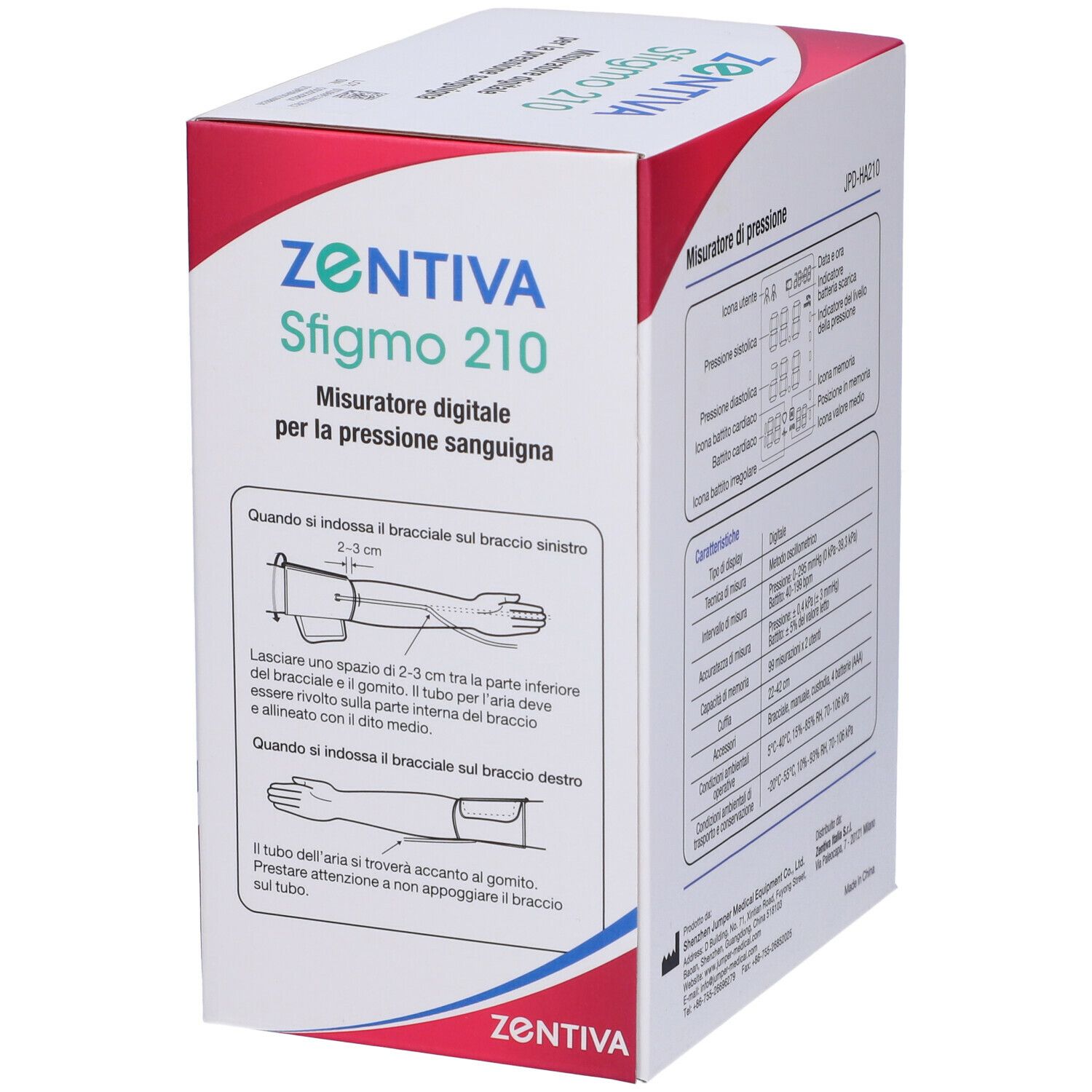 ZENTIVA Sfigmo 210. Confezione con istruzioni per applicare il bracciale al braccio.