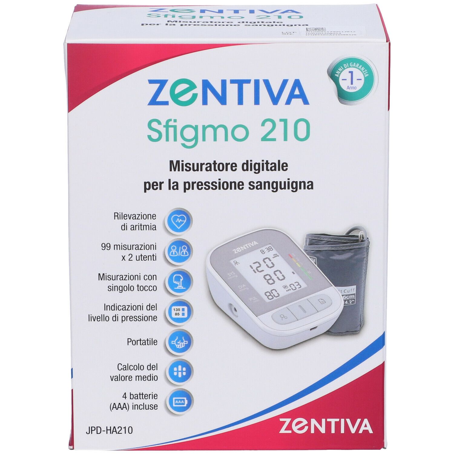ZENTIVA Sfigmo 210. Misuratore digitale pressione sanguigna. Confezione con prodotto e accessori.
