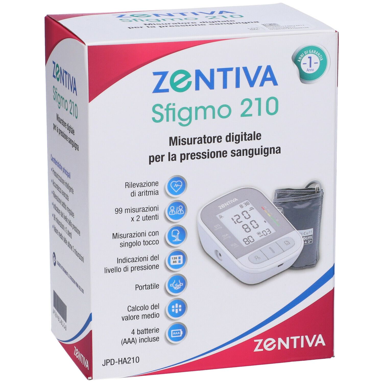ZENTIVA Sfigmo 210. Misuratore digitale pressione sanguigna. Confezione con prodotto e accessori.
