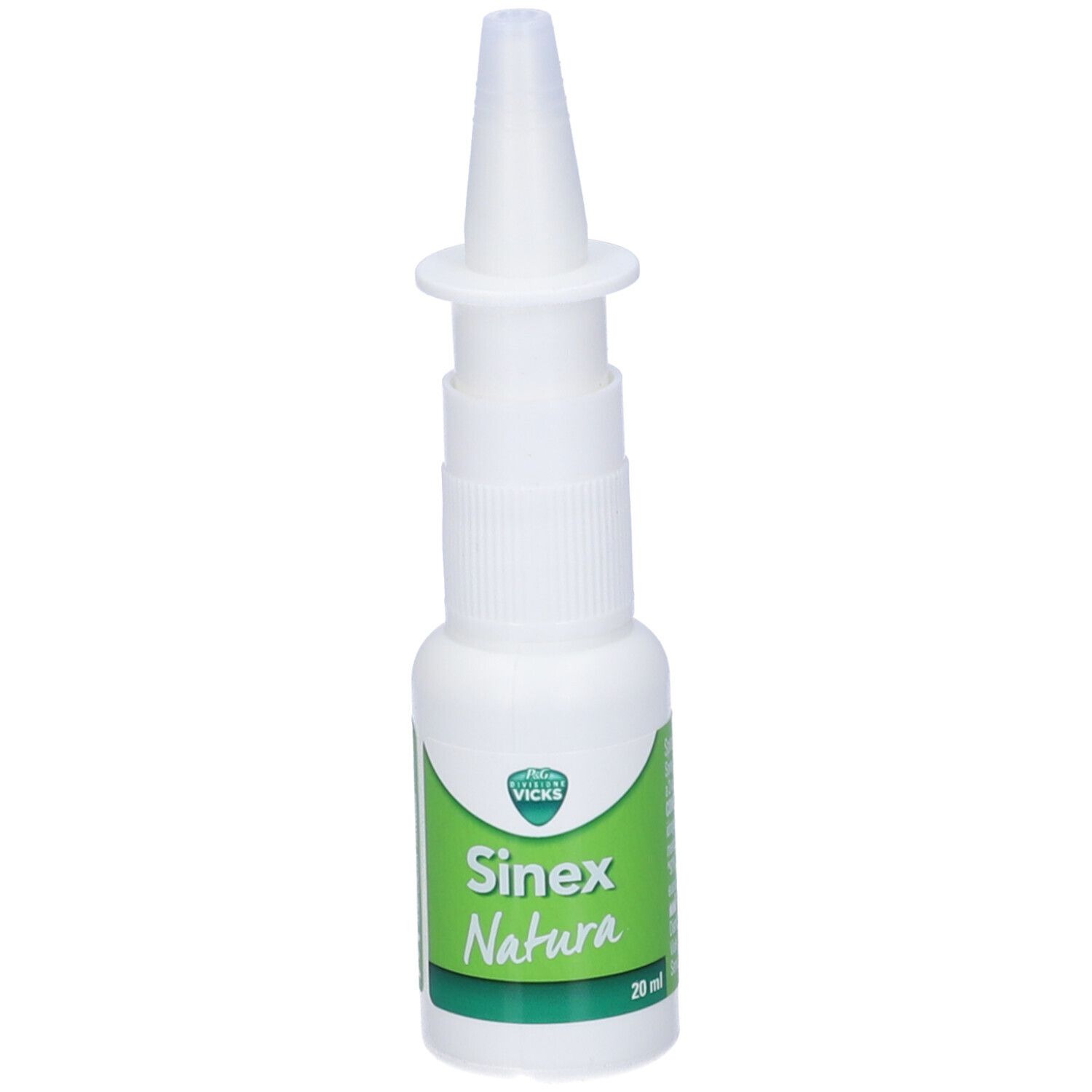 Flacone bianco di spray nasale Sinex Natura con erogatore. Etichetta verde con nome del prodotto. 20 ml.
