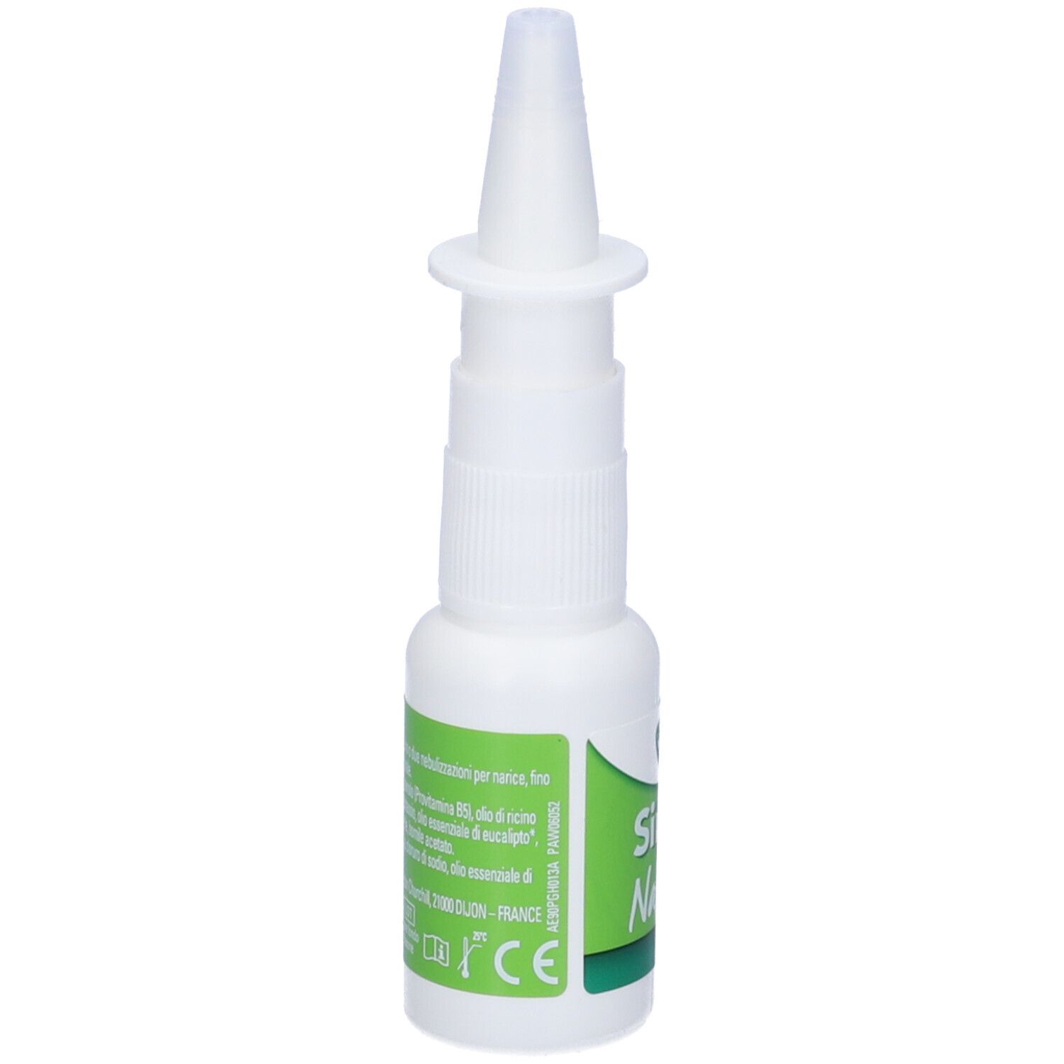 Flacone bianco di spray nasale Sinex Natura con erogatore. Etichetta verde con nome del prodotto e ingredienti. Marchio CE.