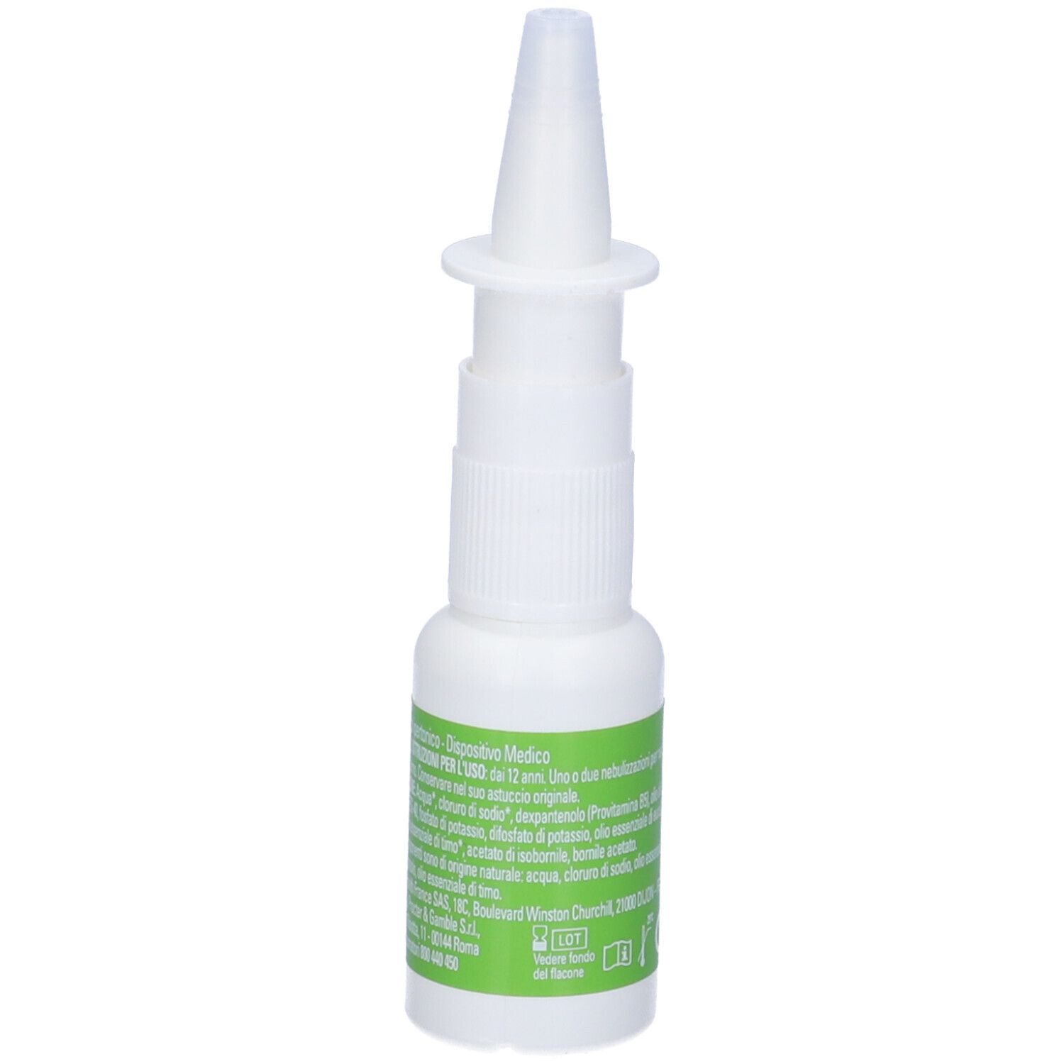 Flacone bianco di spray nasale Sinex Natura con erogatore. Etichetta verde con nome del prodotto e ingredienti. Marchio CE.
