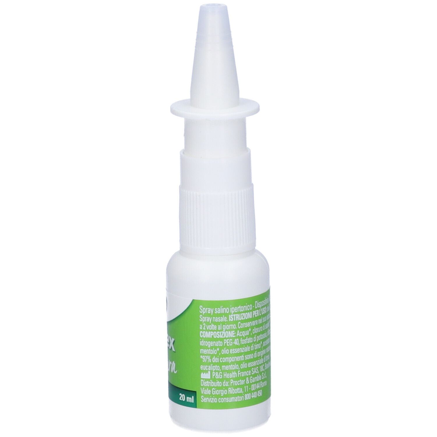 Flacone bianco di spray nasale Sinex Natura con erogatore. Etichetta verde con nome del prodotto e ingredienti. Marchio CE.