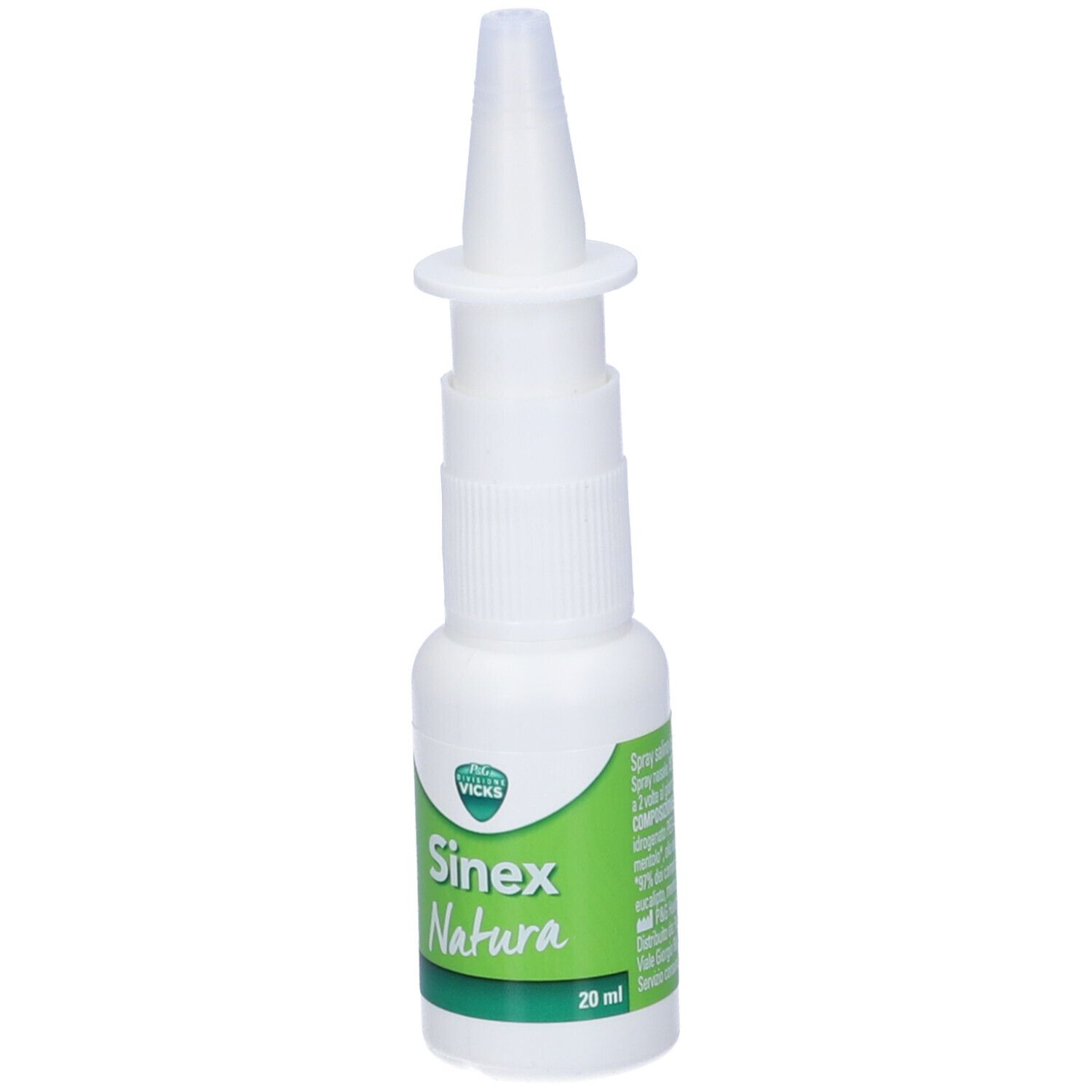 Flacone bianco di spray nasale Sinex Natura con erogatore. Etichetta verde con nome del prodotto e ingredienti. 20 ml.