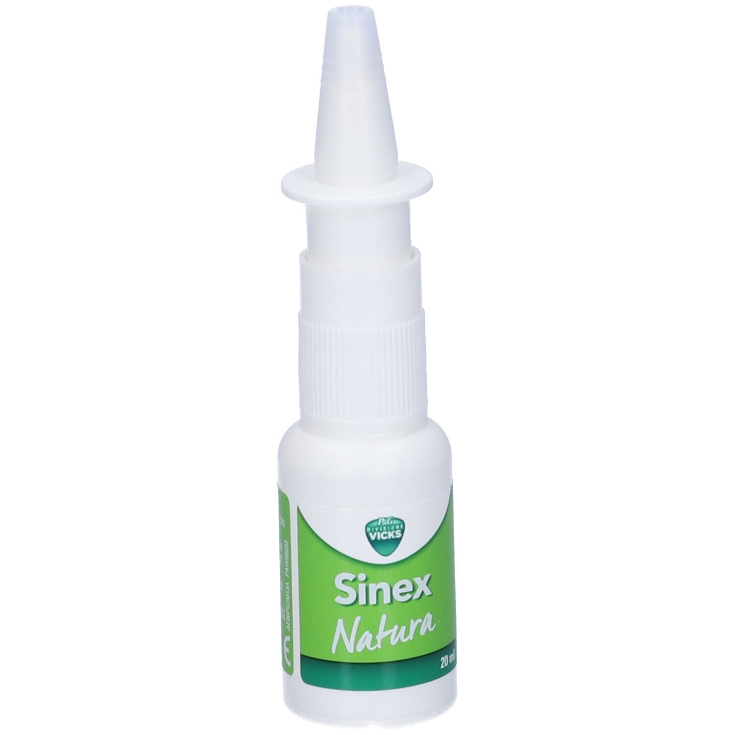 Flacone bianco di spray nasale Sinex Natura con erogatore. Etichetta verde con nome del prodotto e ingredienti. 20 ml.