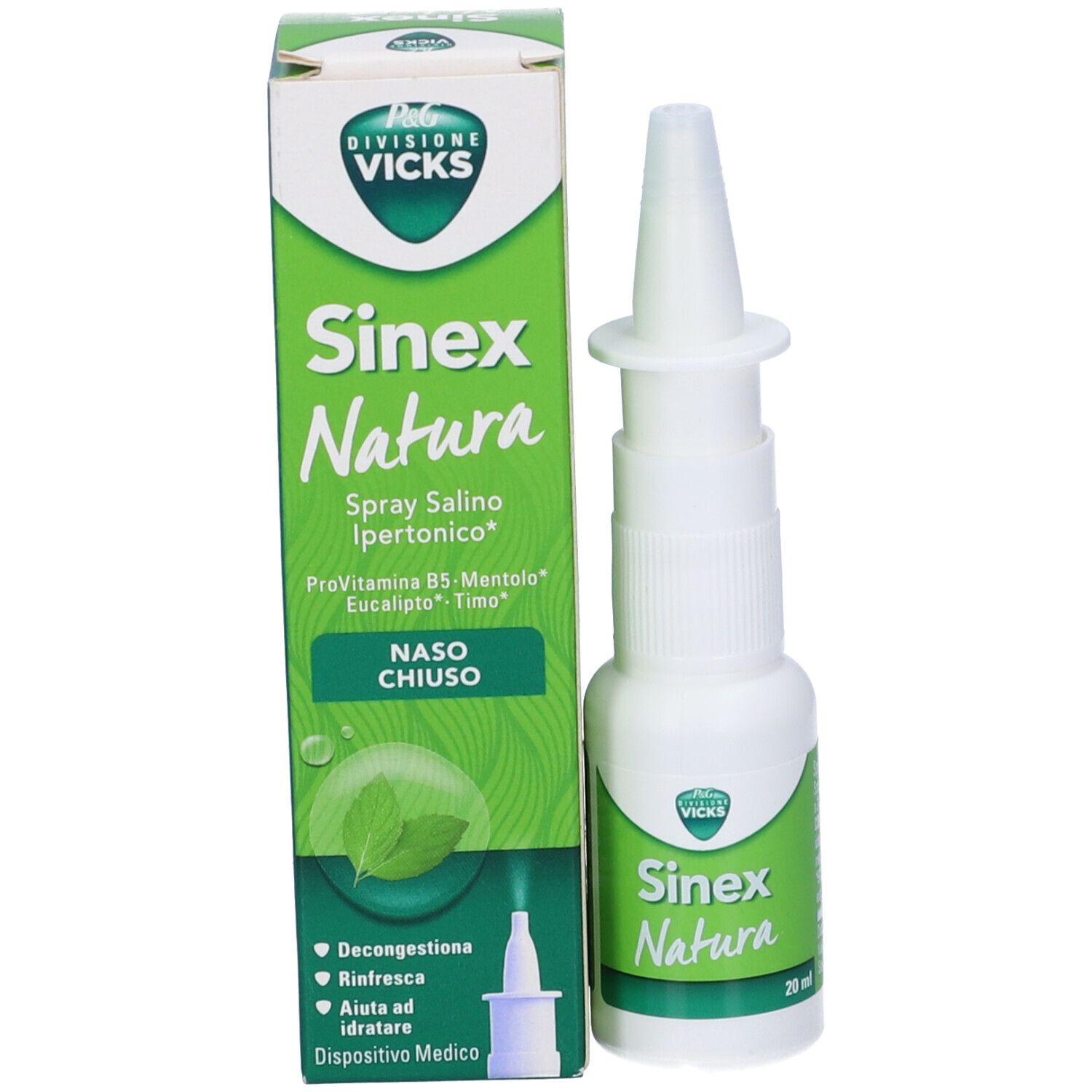 Spray nasale Sinex Natura e confezione. Flacone bianco con erogatore, confezione verde. Nome del prodotto e ingredienti.