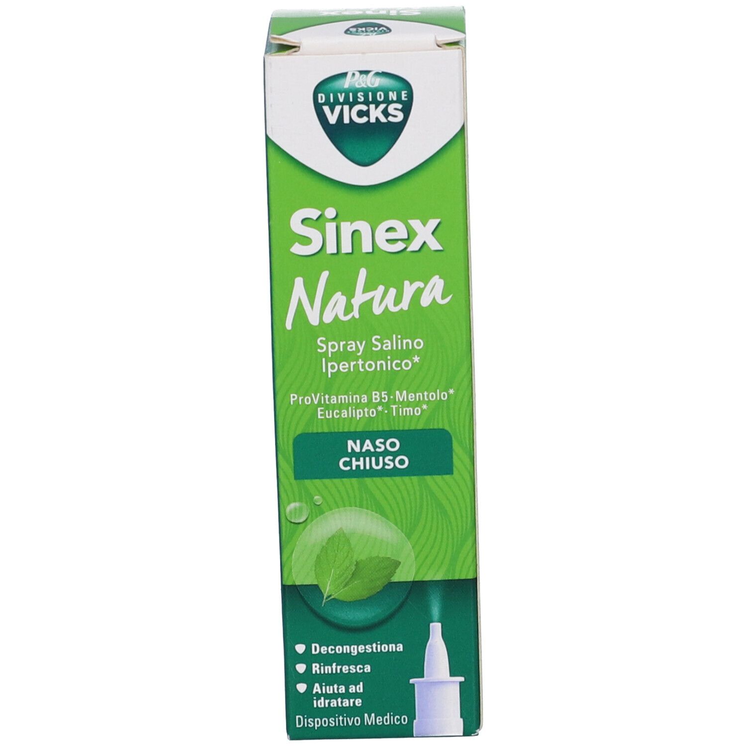 Spray nasale Sinex Natura e confezione. Flacone bianco con erogatore, confezione verde. Nome del prodotto e ingredienti.