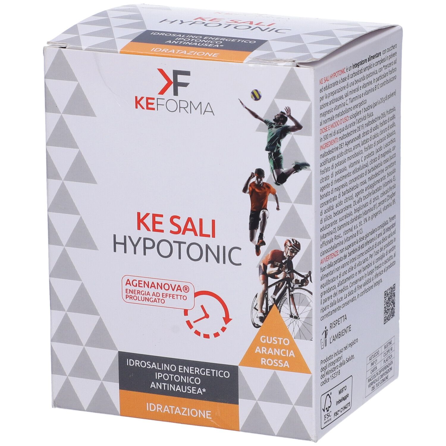 Confezione Ke Sali Hypotonic. Marchio KeForma, Ke Sali Hypotonic, gusto arancia rossa. Immagini di atleti in azione.