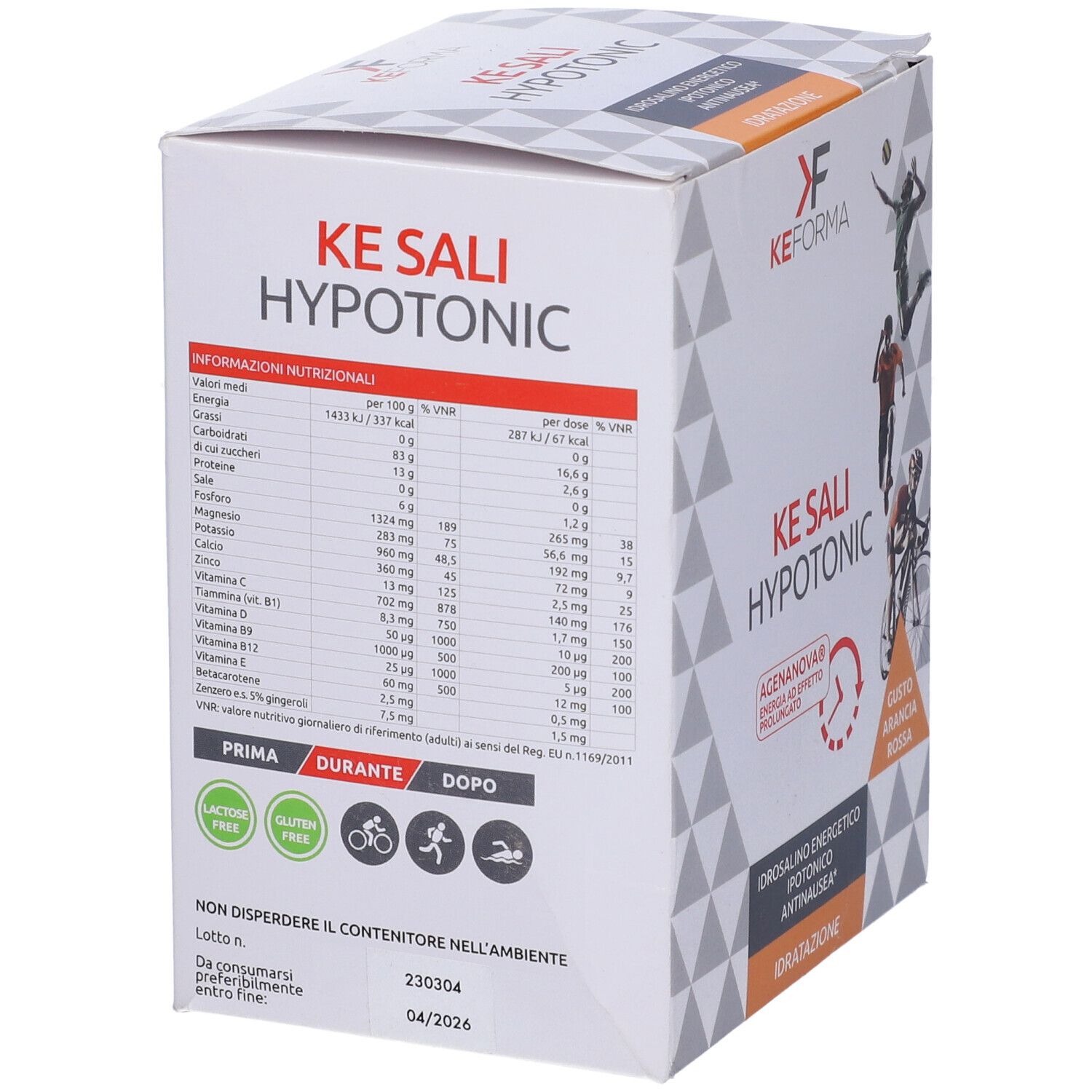Confezione Ke Sali Hypotonic. Marchio KeForma, Ke Sali Hypotonic. Informazioni nutrizionali. Senza glutine, senza lattosio. Scadenza 04/2026.