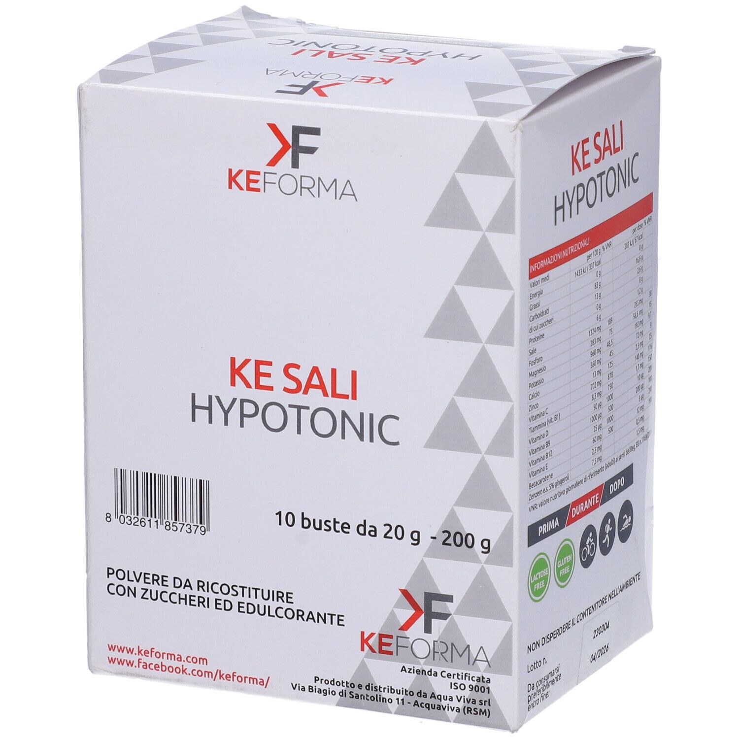 Confezione Ke Sali Hypotonic. Marchio KeForma, Ke Sali Hypotonic, 10 bustine da 20g. Codice a barre. Testo: polvere con zuccheri ed edulcorante.