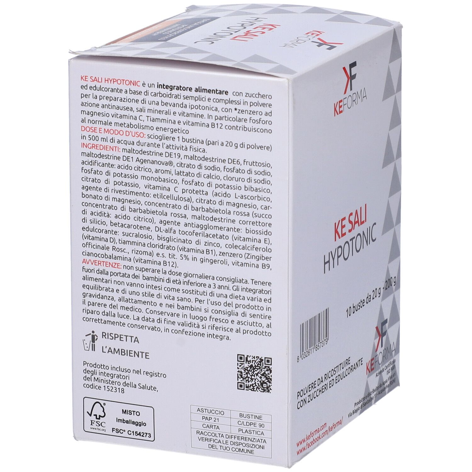 Confezione Ke Sali Hypotonic. Marchio Ke Sali Hypotonic. Testo: integratore alimentare. 10 bustine da 20g. Certificazione FSC.