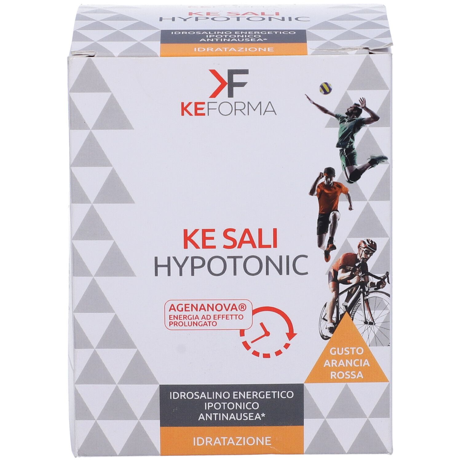 Confezione Ke Sali Hypotonic. Marchio KeForma, Ke Sali Hypotonic, gusto arancia rossa. Immagini di atleti. AgenoNova.
