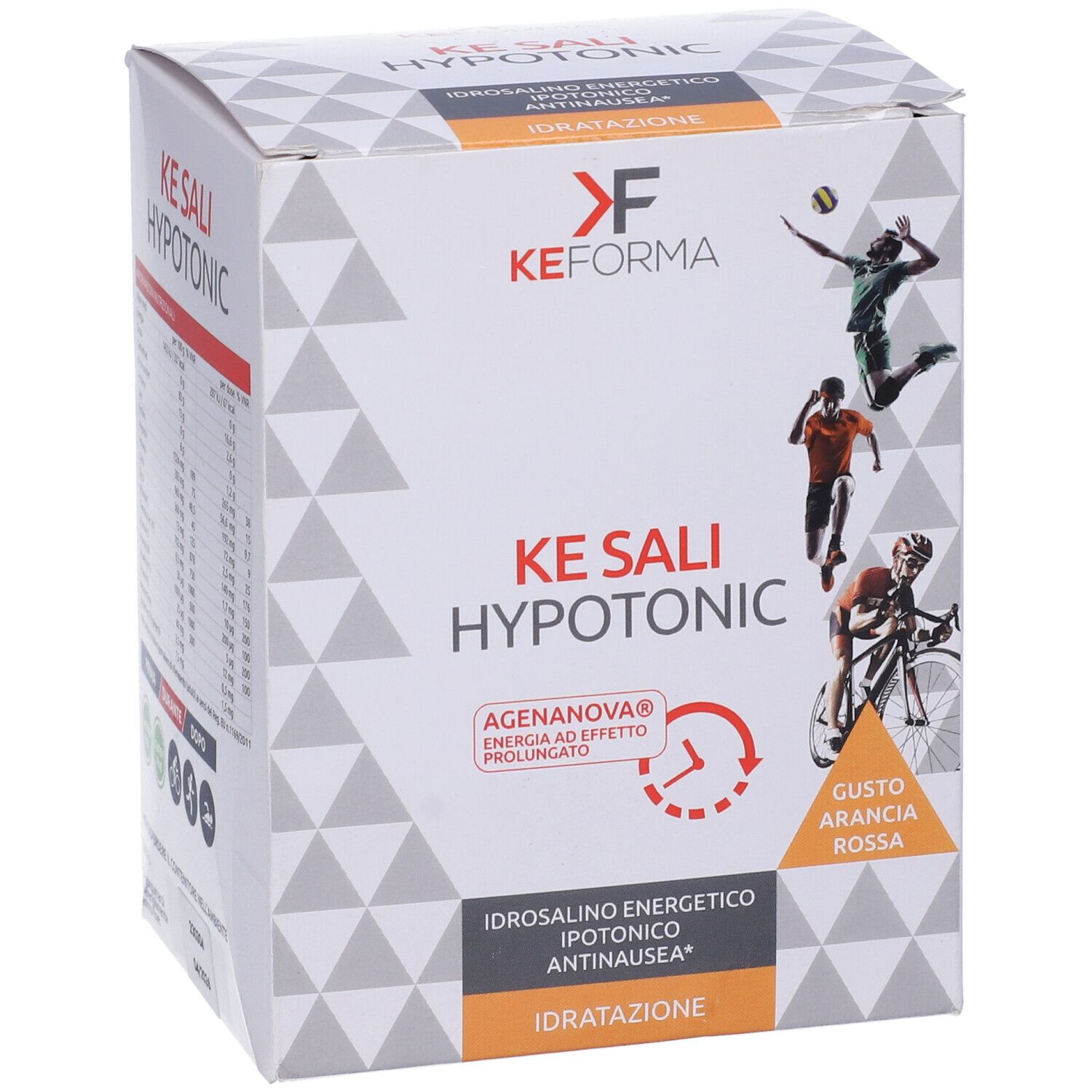 Confezione Ke Sali Hypotonic. Marchio KeForma, Ke Sali Hypotonic, gusto arancia rossa. Immagini di atleti. AgenoNova.