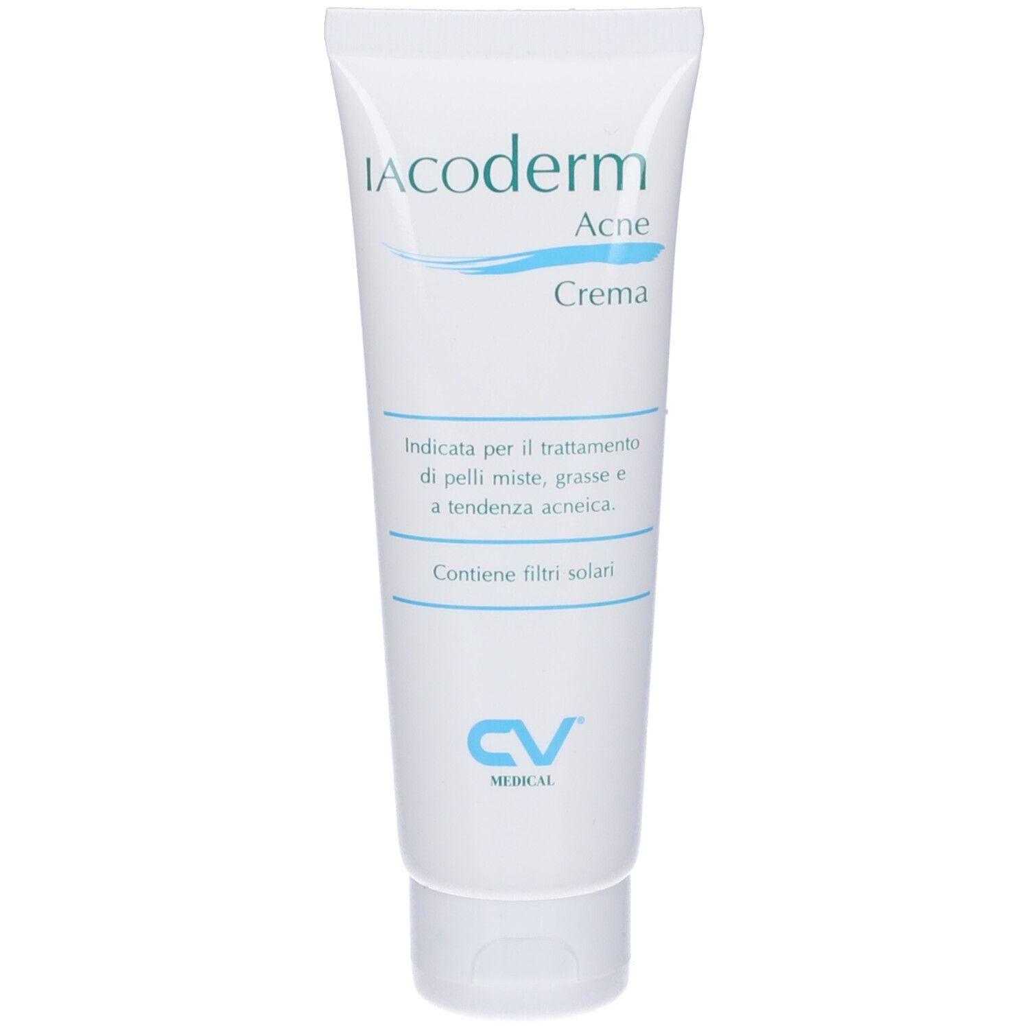 Tubo crema bianco con testo in italiano. Marchio Iacoderm Acne. Logo CV Medical.